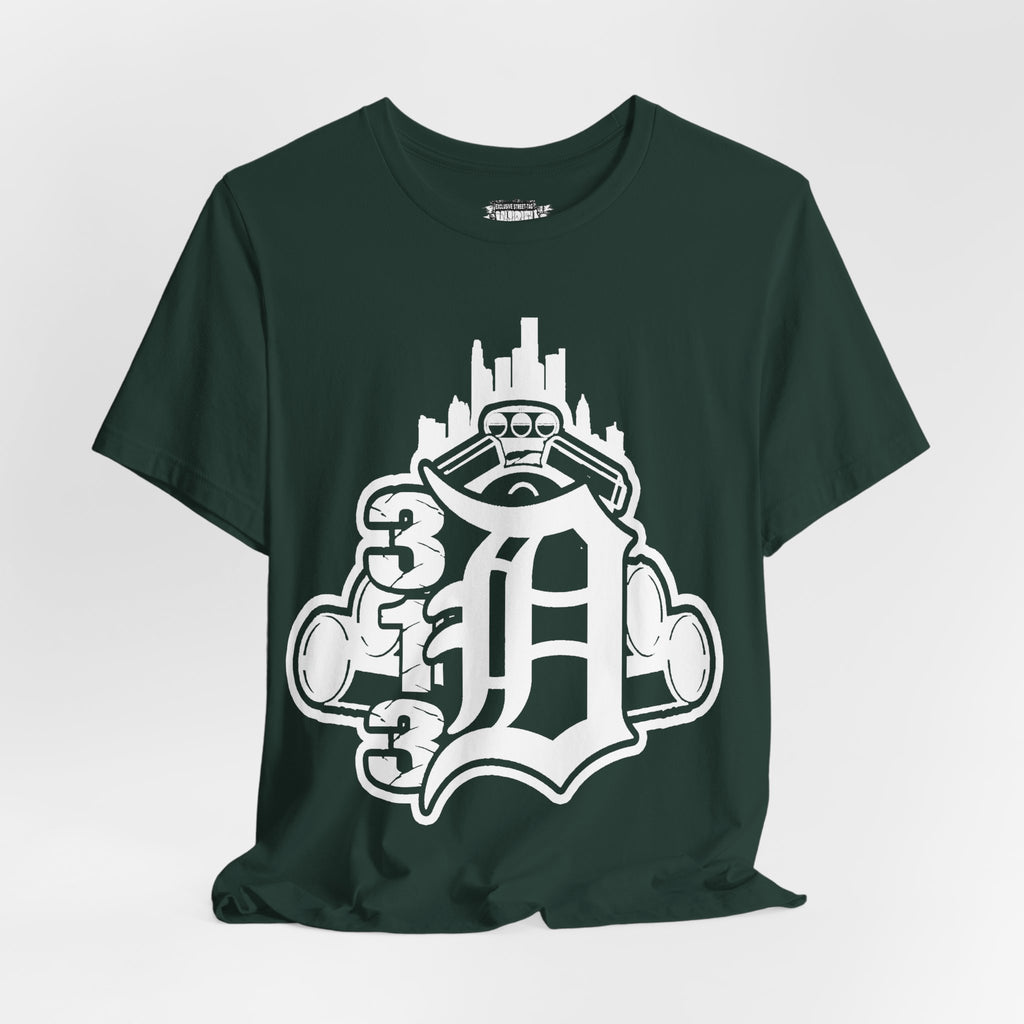 Detroit D Monochrome Tee — City Skyline & Motor Graphic T-Shirt