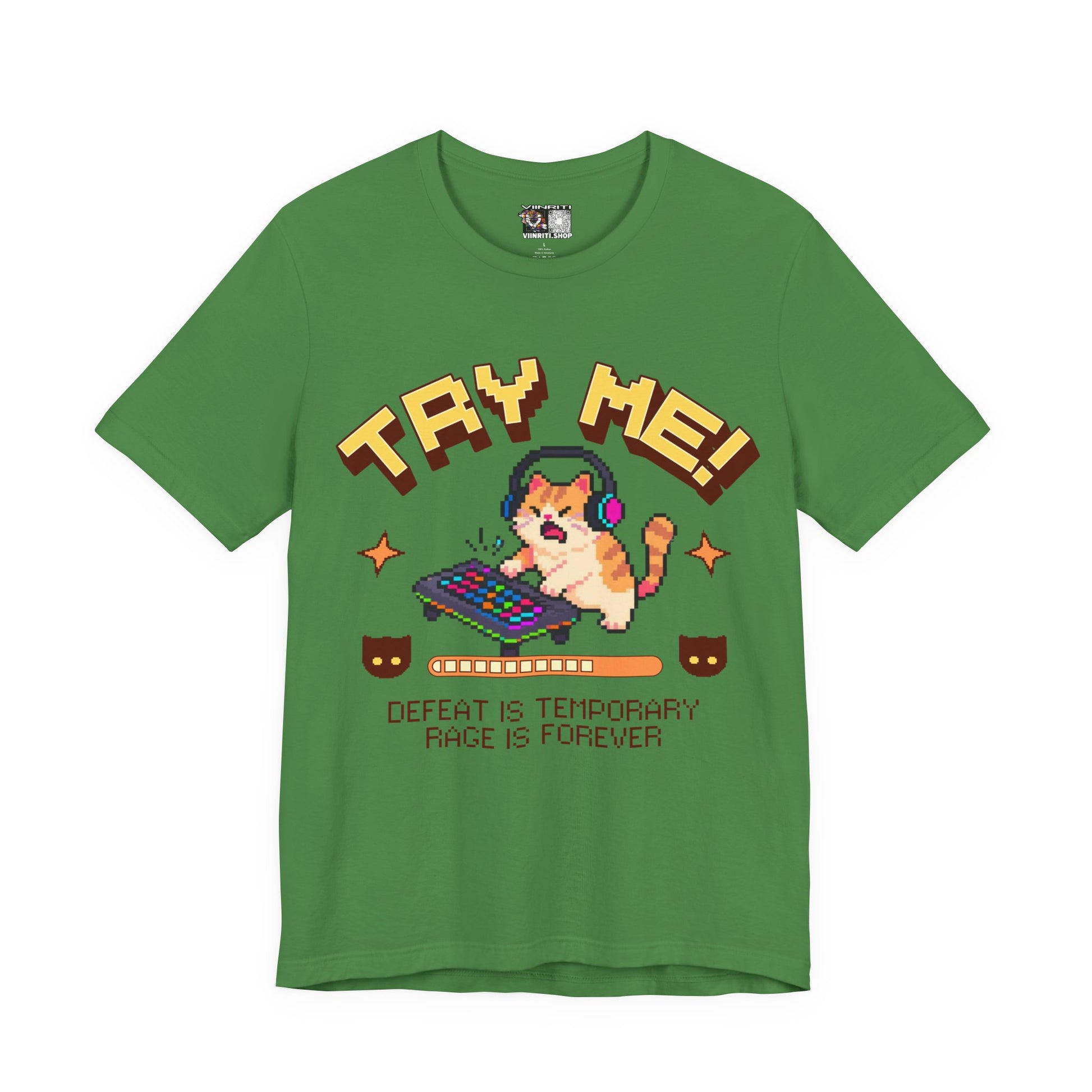 Try Me! Gamer Cat T‑Shirt — "Defeat Is Temporary, Rage Is Forever" Retro Pixel Tee