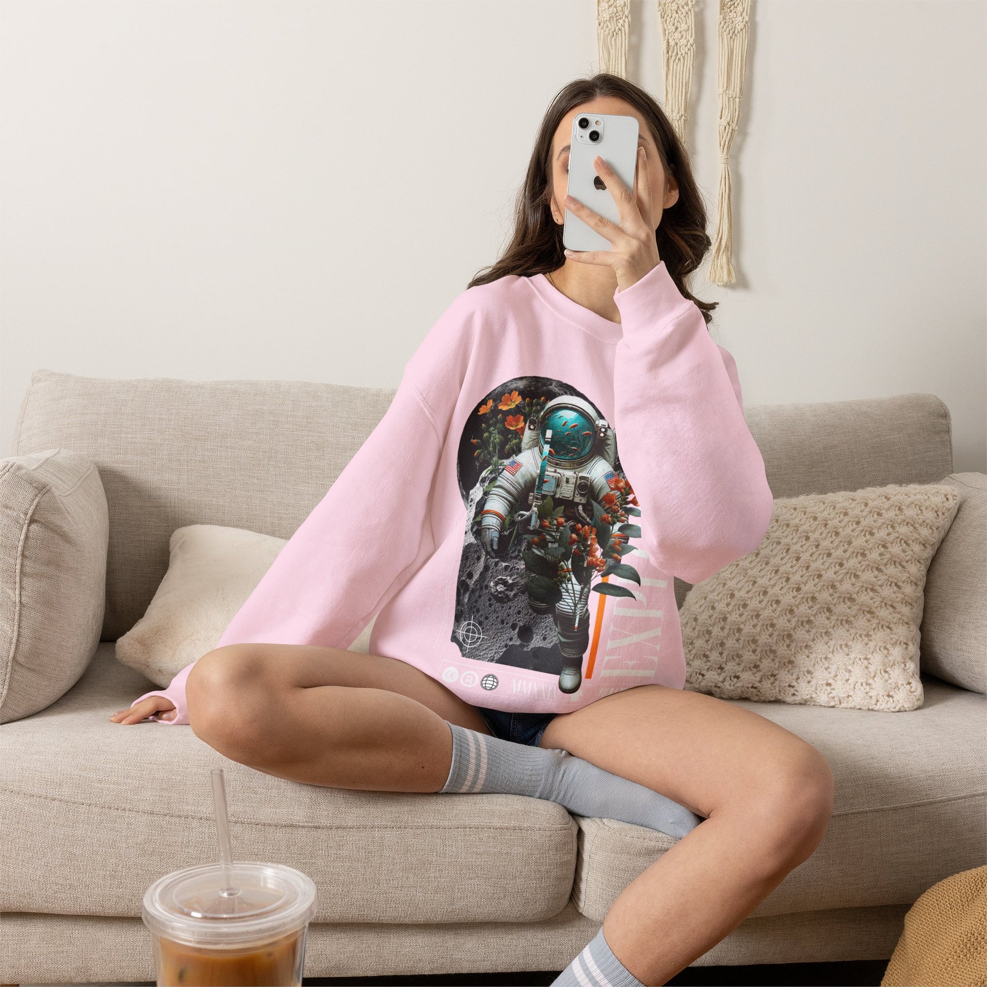 Astronaut Floral Crewneck Sweatshirt — Space Explorer Graphic Pullover