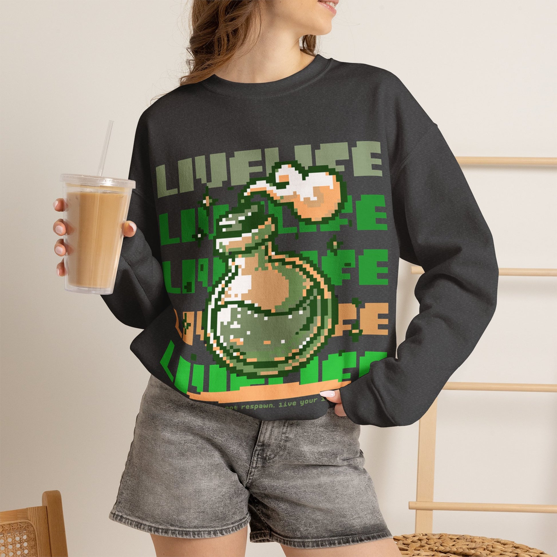 Crewneck Sweatshirt — Pixel Potion 'LIFE' Retro Gaming Graphic