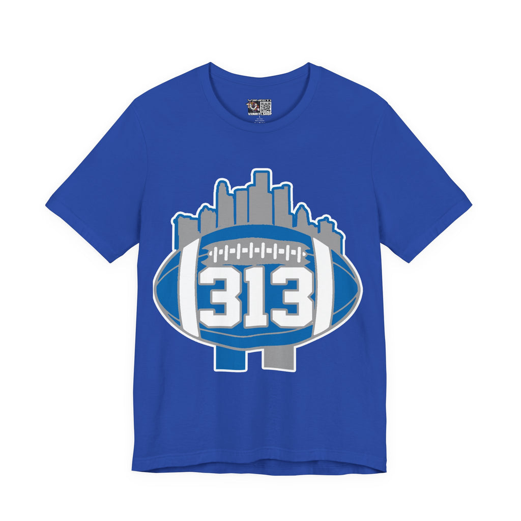 Detroit 313 Football T-Shirt — City Skyline & Number 313 Logo