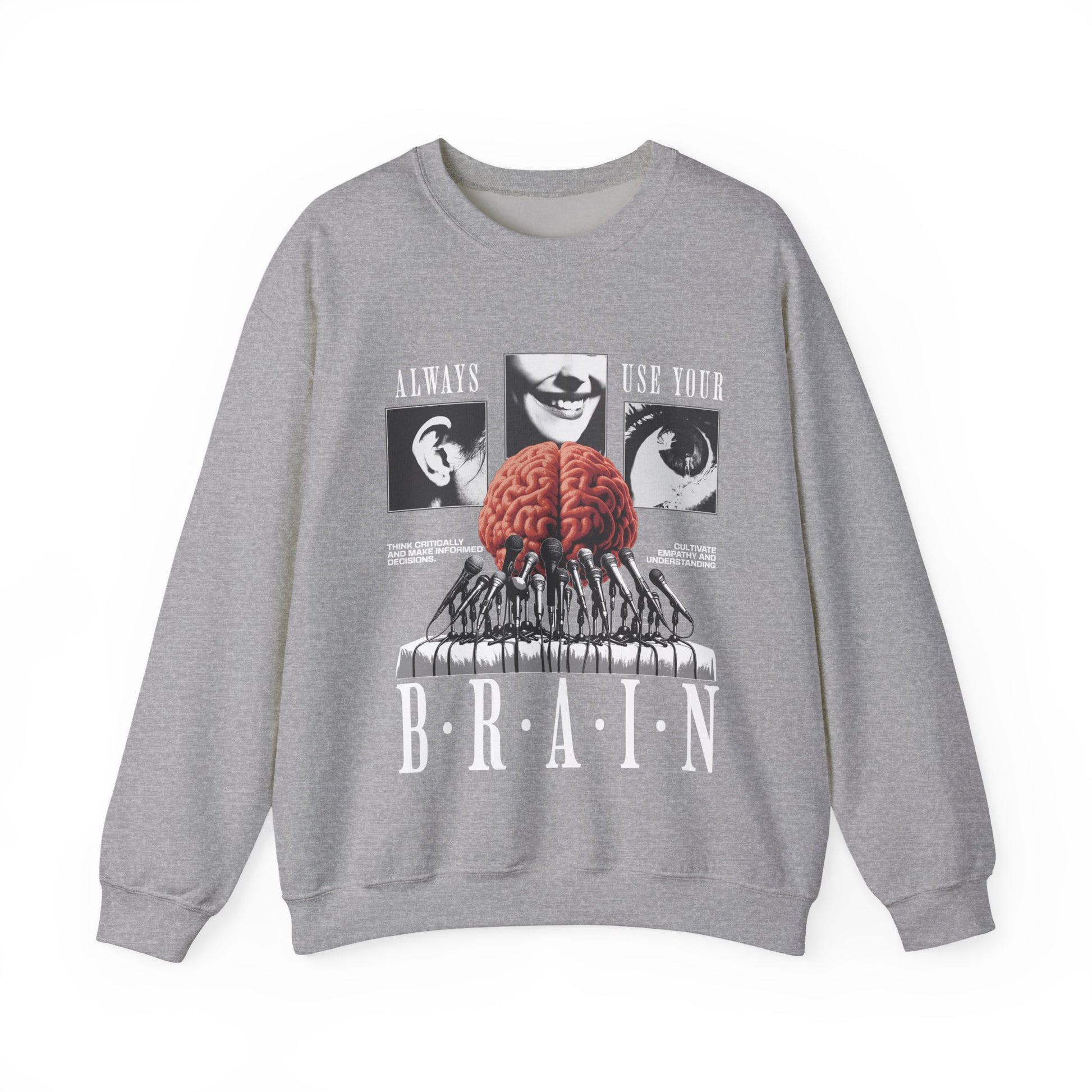 Brain Graphic Crewneck Sweatshirt — "Always Use Your Brain" Vintage Horror Vibe