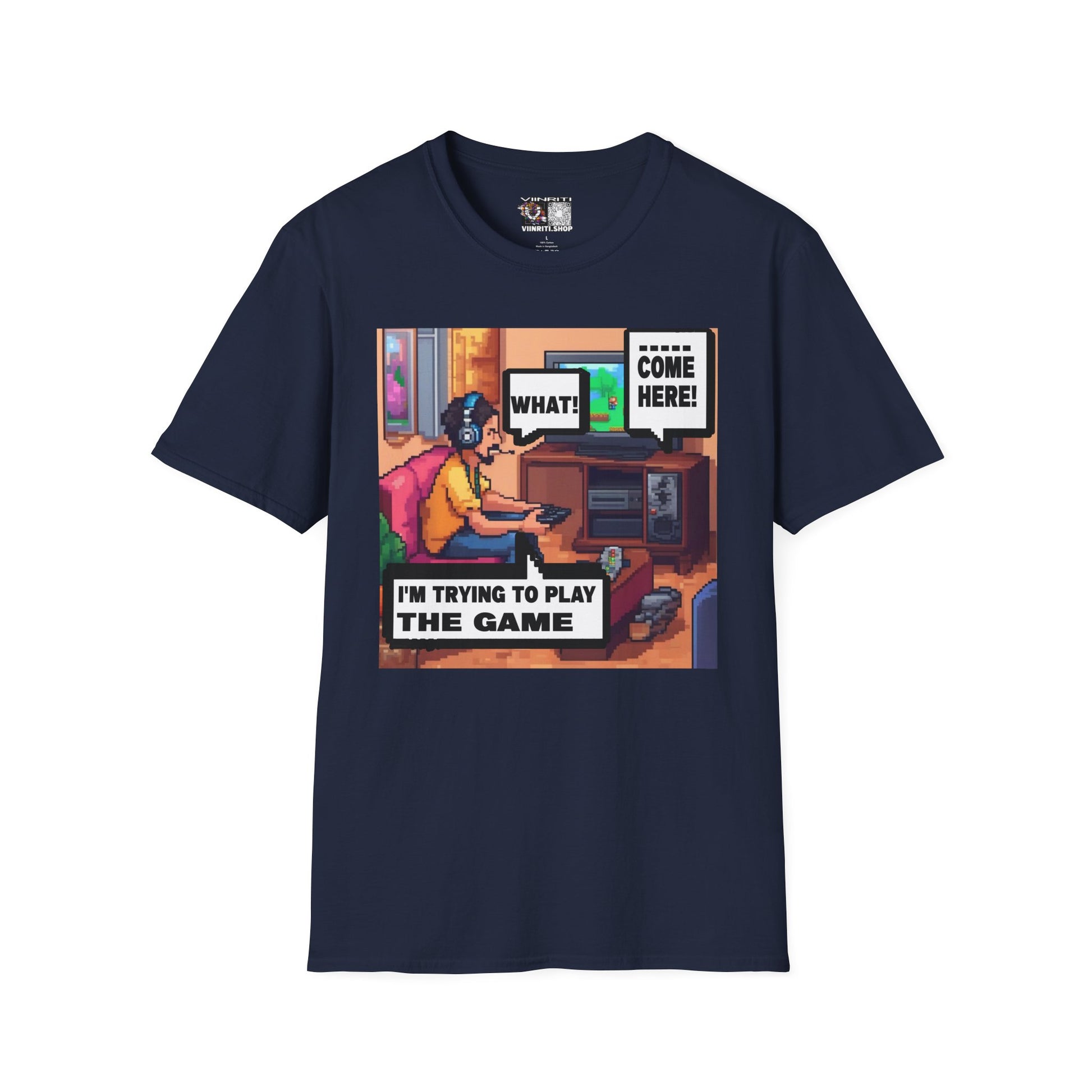 Gamer Comic T-Shirt — “I’m Trying to Play the Game” Pixel Art Tee
