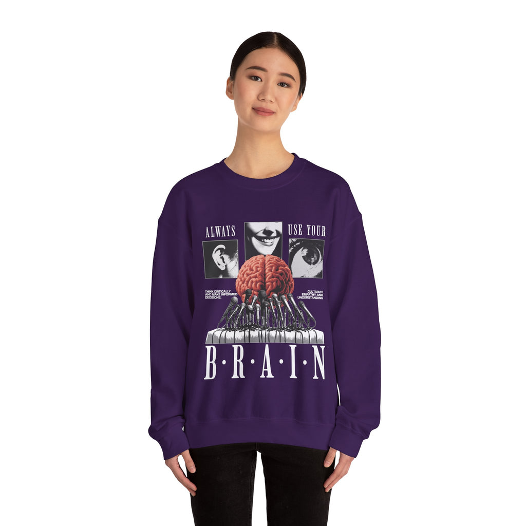 Brain Graphic Crewneck Sweatshirt — "Always Use Your Brain" Vintage Horror Vibe