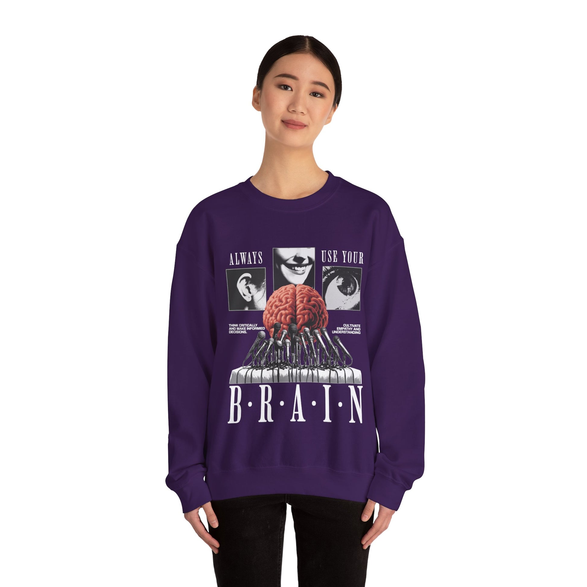 Brain Graphic Crewneck Sweatshirt — "Always Use Your Brain" Vintage Horror Vibe