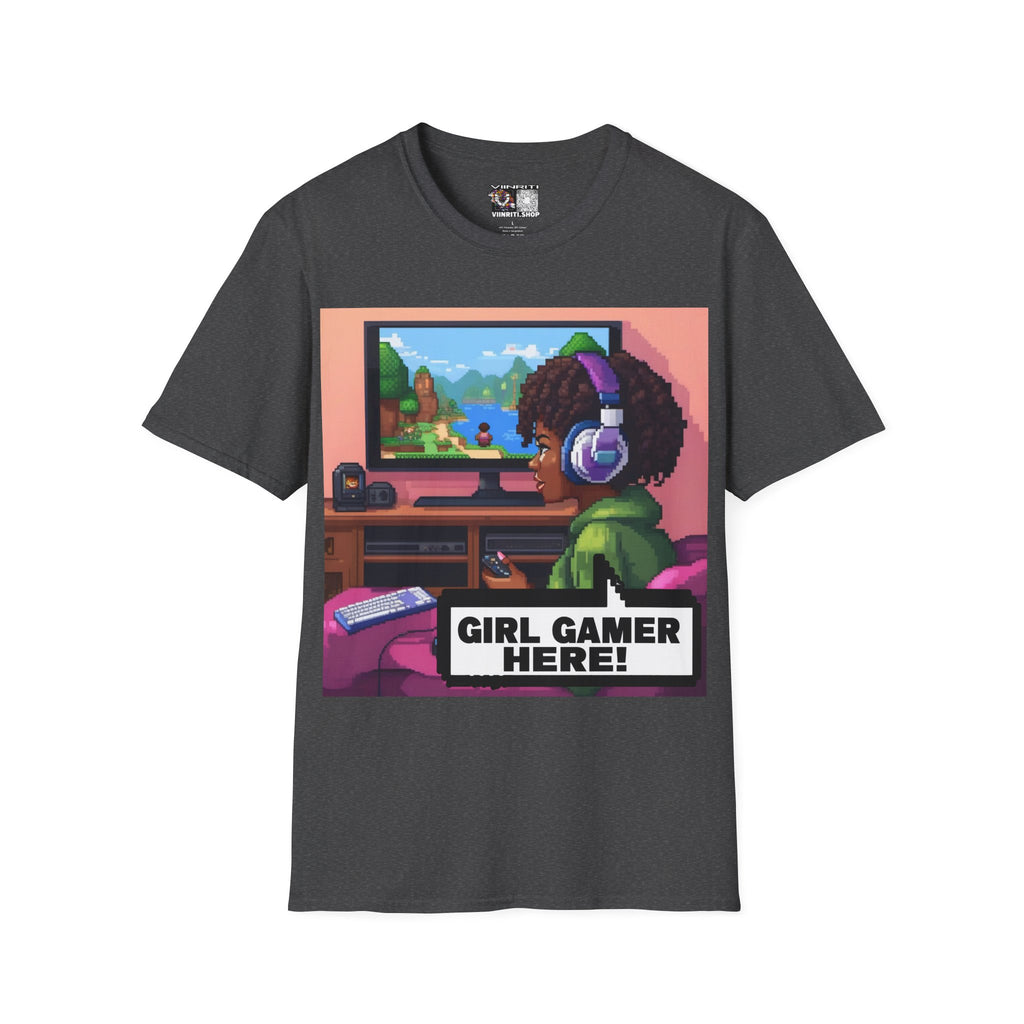 Girl Gamer T-Shirt — Retro Pixel Art ‘GIRL GAMER HERE!’ Tee for Female Gamers