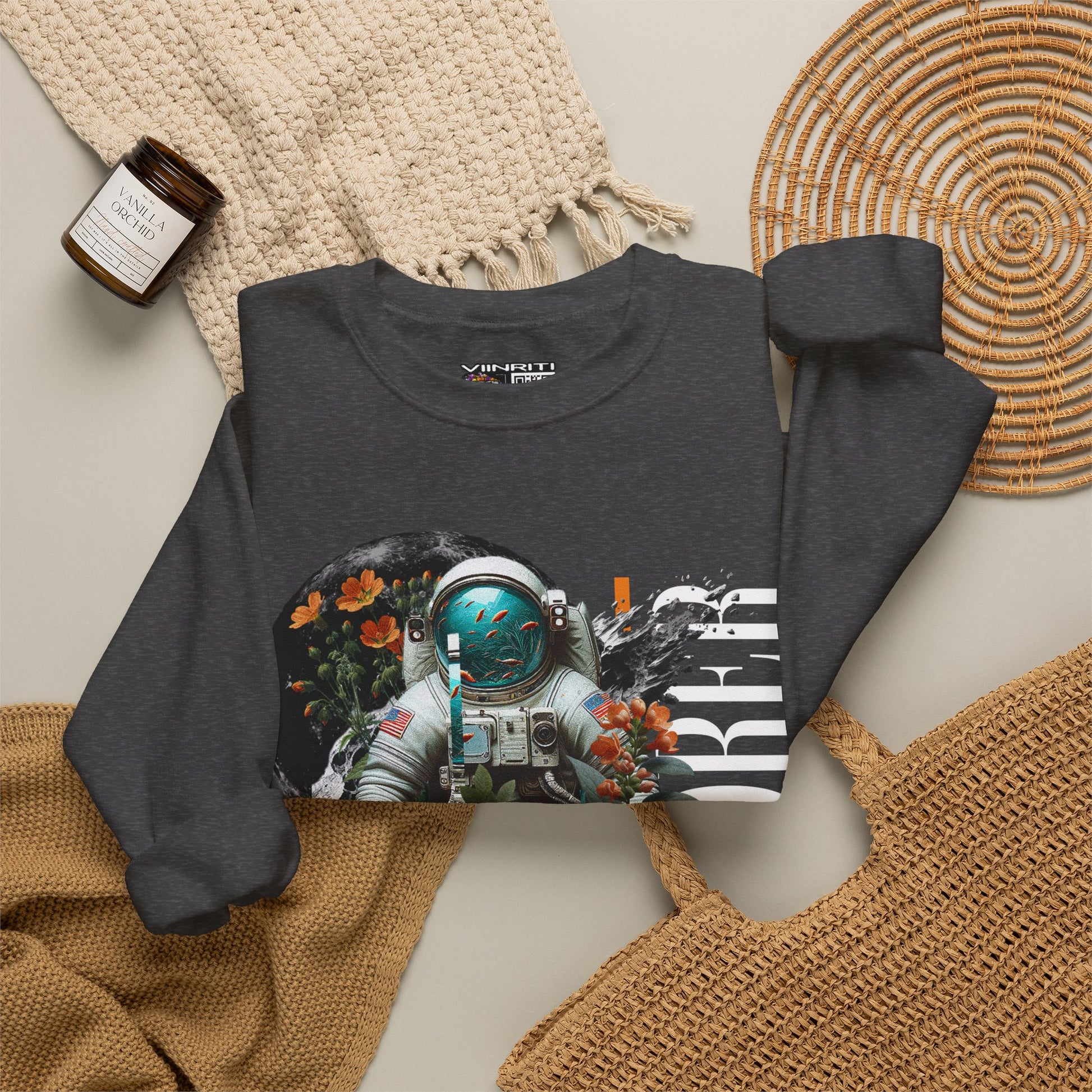 Astronaut Floral Crewneck Sweatshirt — Space Explorer Graphic Pullover