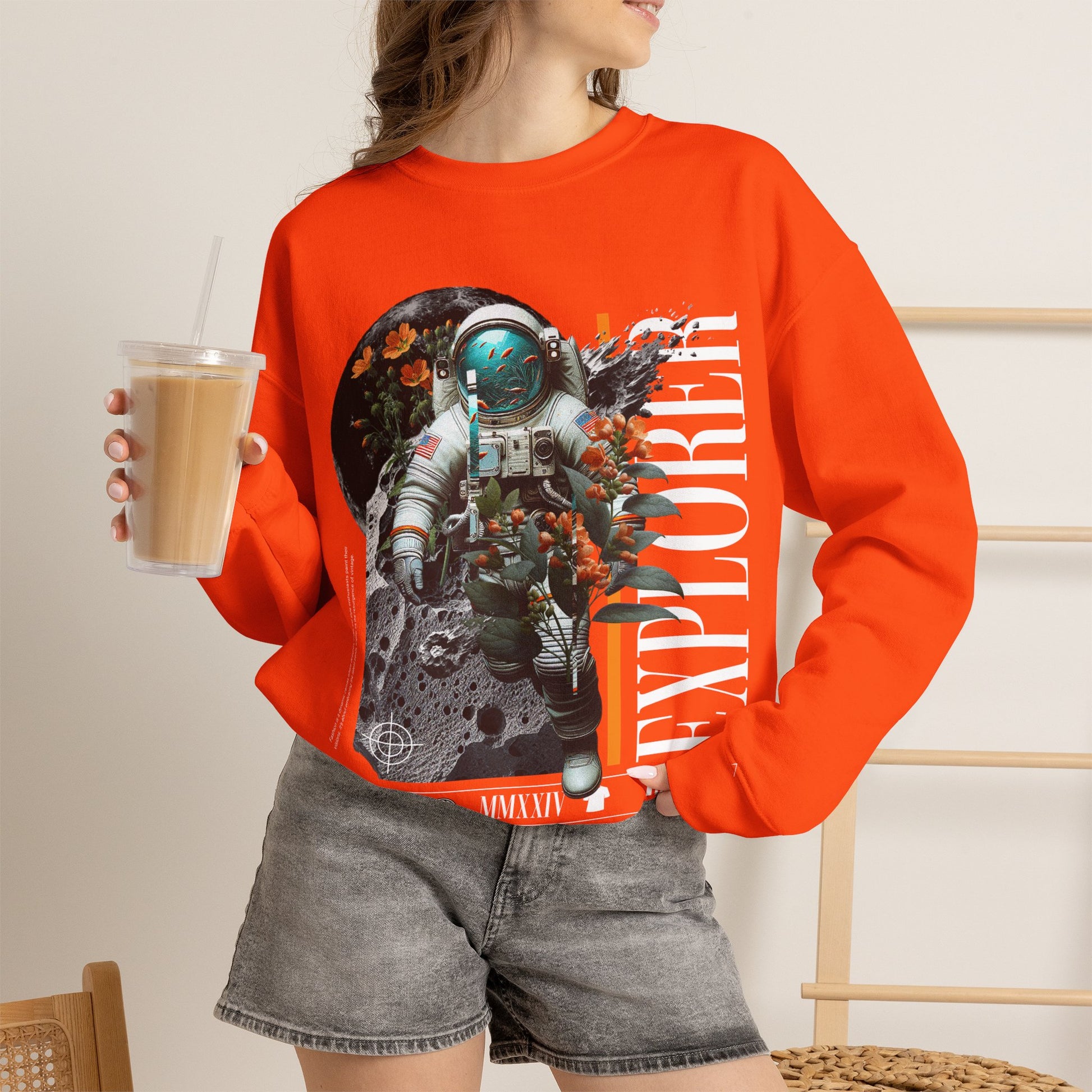 Astronaut Floral Crewneck Sweatshirt — Space Explorer Graphic Pullover
