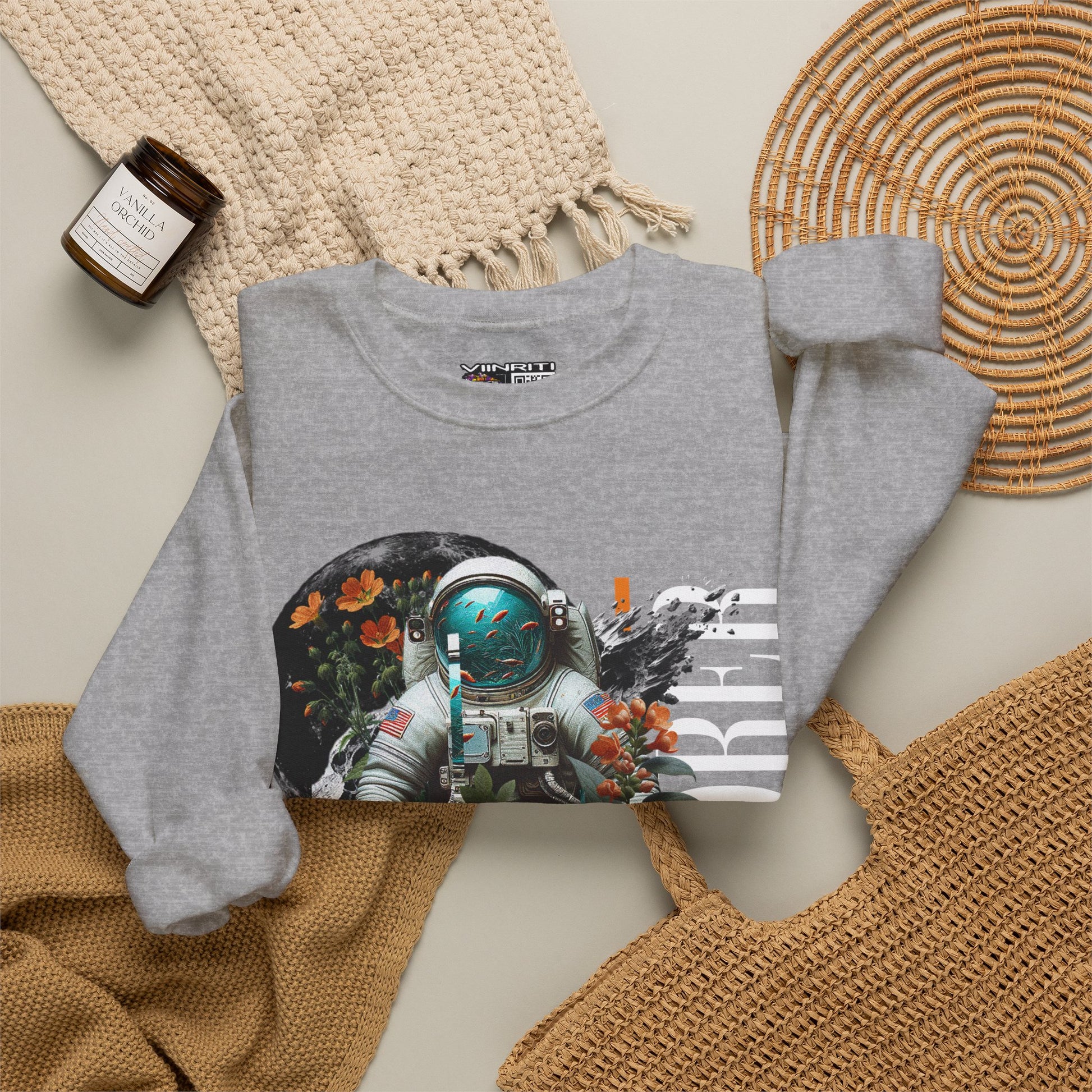 Astronaut Floral Crewneck Sweatshirt — Space Explorer Graphic Pullover