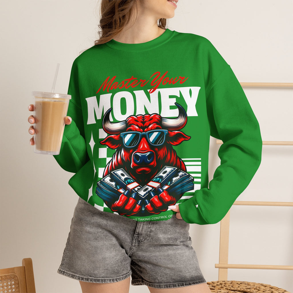 Crewneck Sweatshirt — "Master Your Money" Bull Design, Finance Hustle Graphic