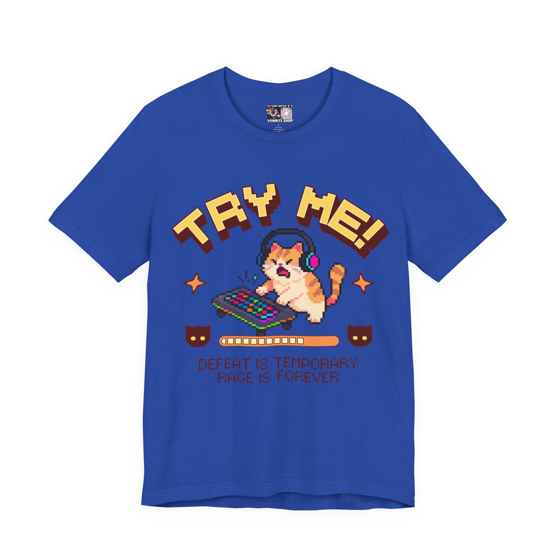 Try Me! Gamer Cat T‑Shirt — "Defeat Is Temporary, Rage Is Forever" Retro Pixel Tee
