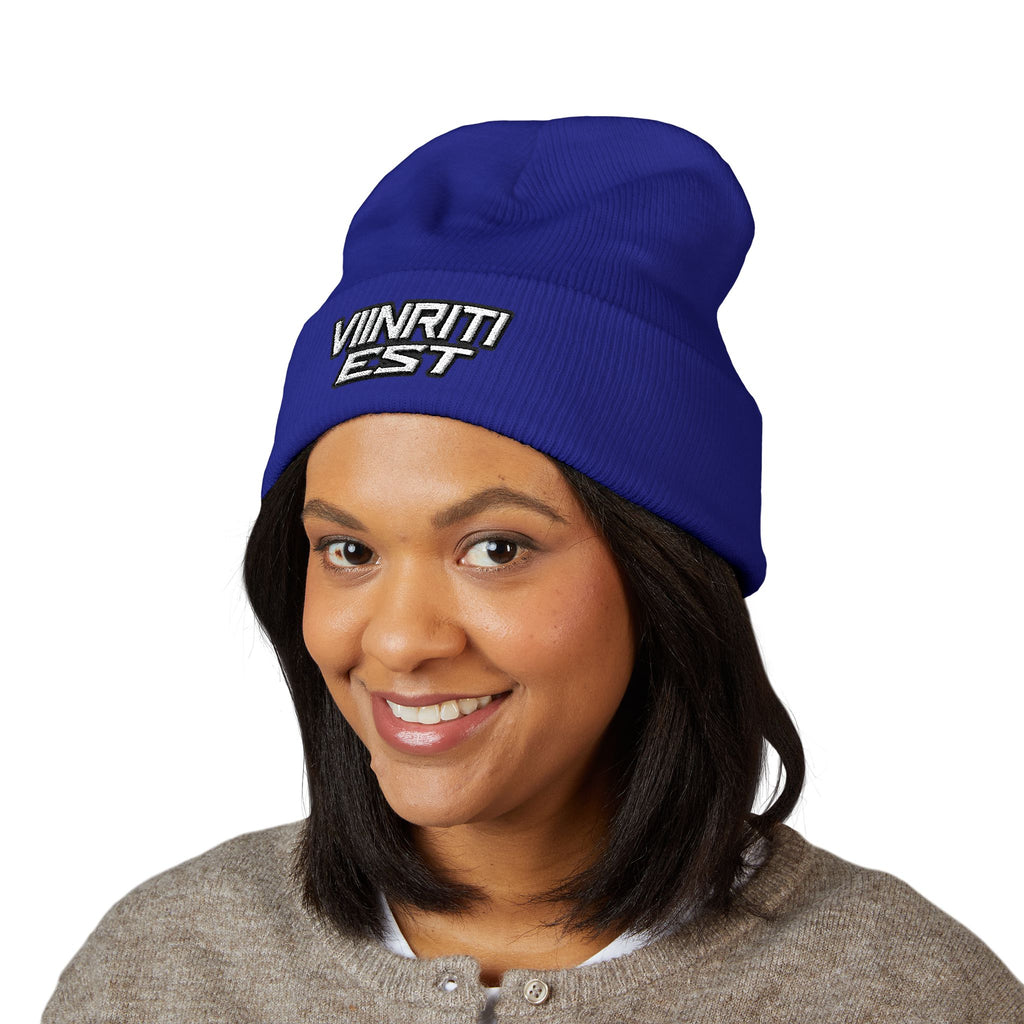 Embroidered 'Viinriti Est' Cuffed Beanie — Classic Knit Winter Hat