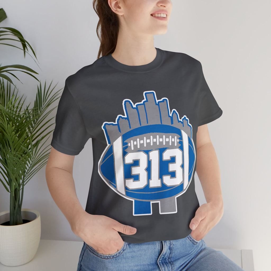Detroit 313 Football T-Shirt — City Skyline & Number 313 Logo