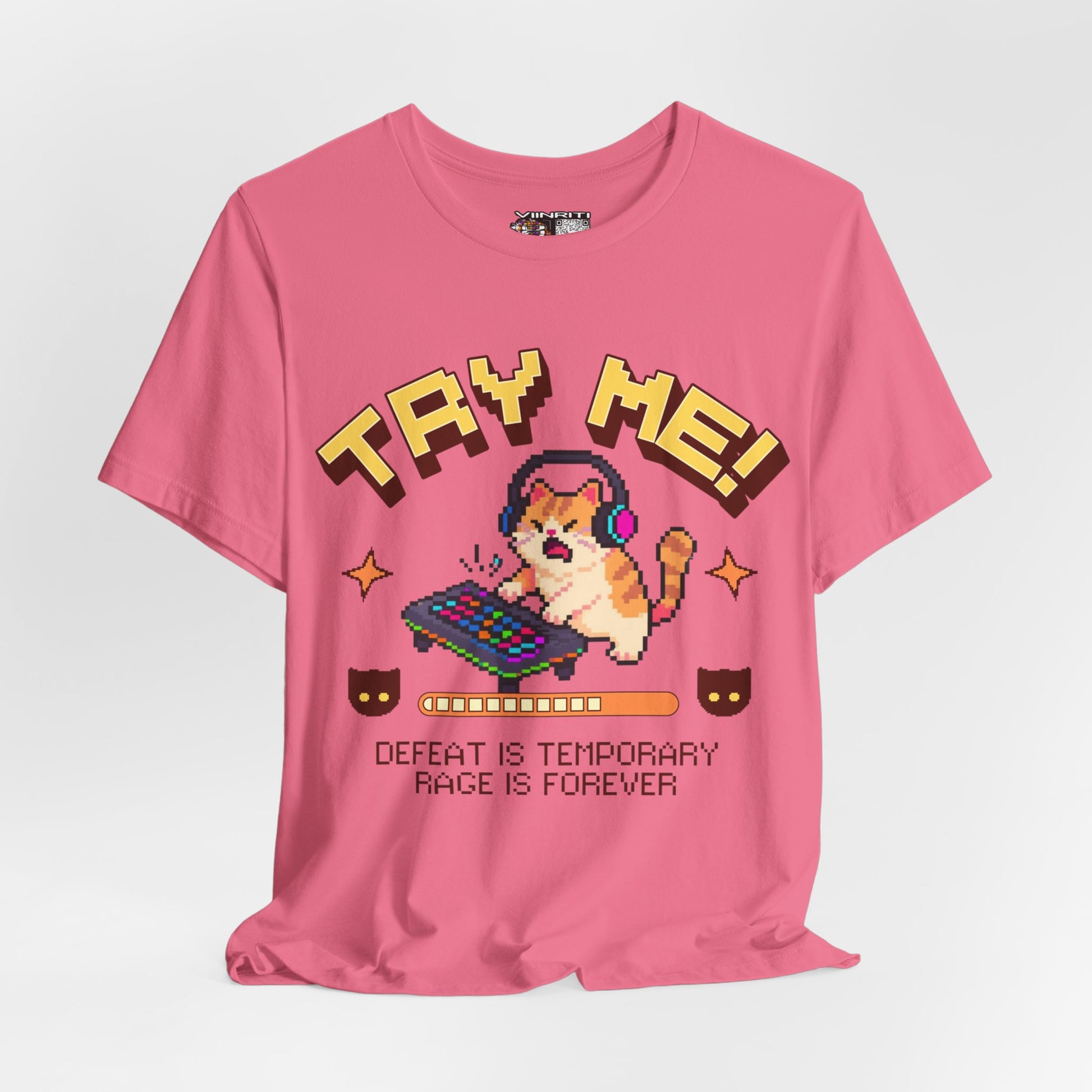 Try Me! Gamer Cat T‑Shirt — "Defeat Is Temporary, Rage Is Forever" Retro Pixel Tee