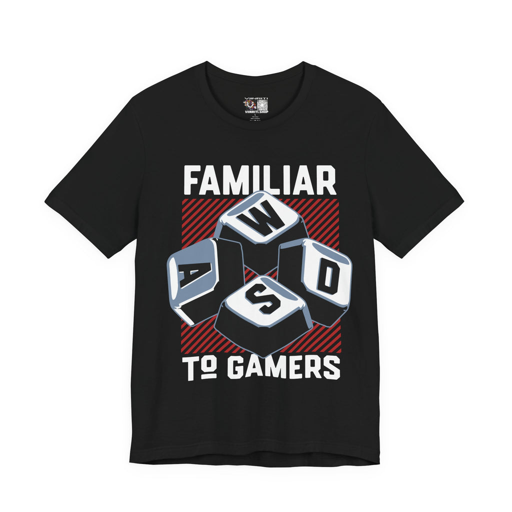 ""Gamer WASD Keys T‑Shirt — "Familiar to Gamers" Retro Keycap Tee