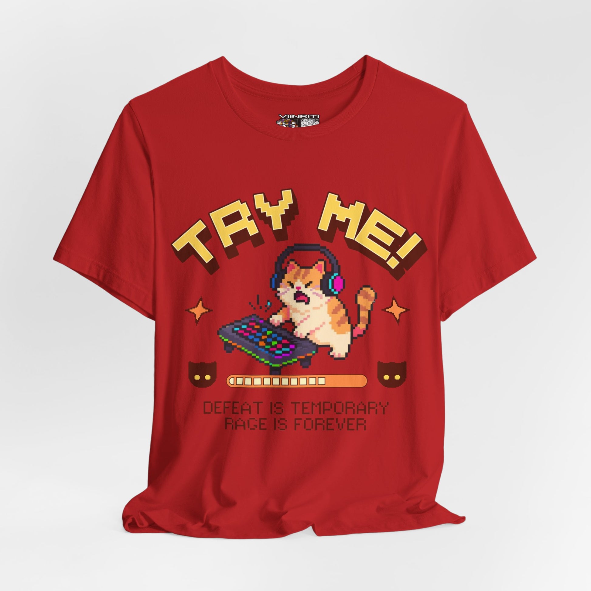 Try Me! Gamer Cat T‑Shirt — "Defeat Is Temporary, Rage Is Forever" Retro Pixel Tee