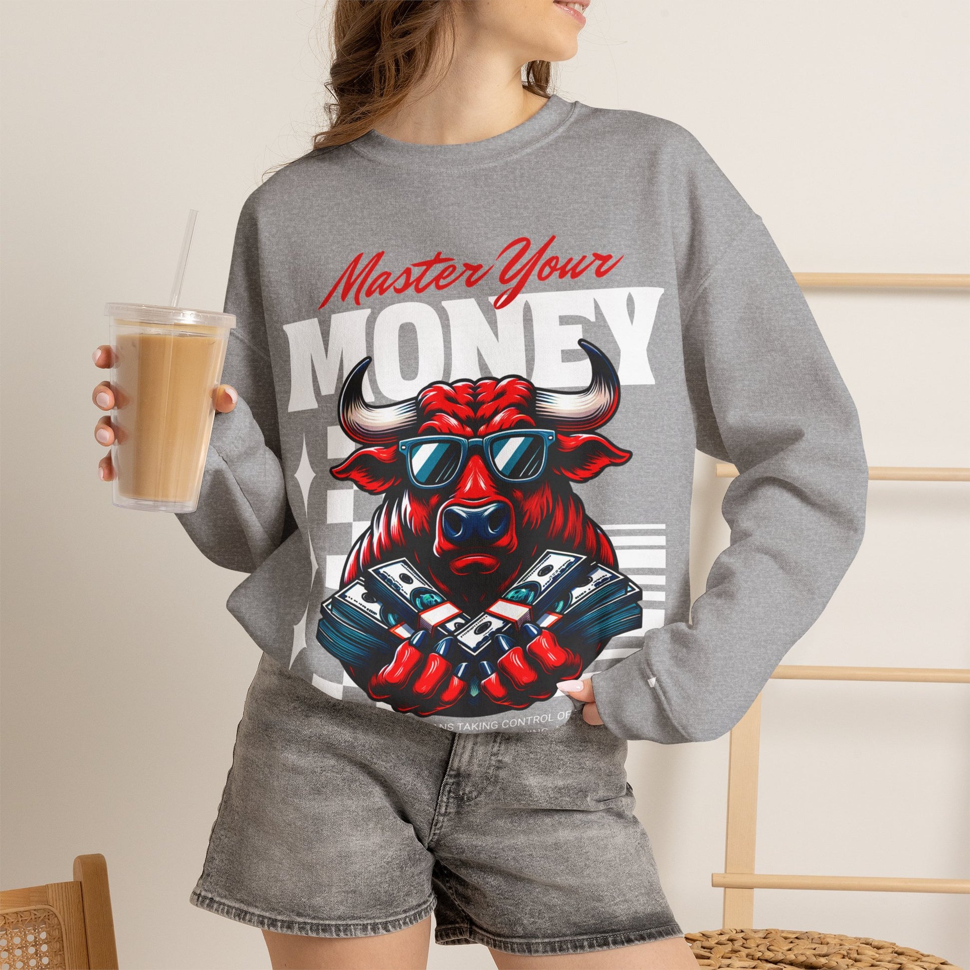 Crewneck Sweatshirt — "Master Your Money" Bull Design, Finance Hustle Graphic