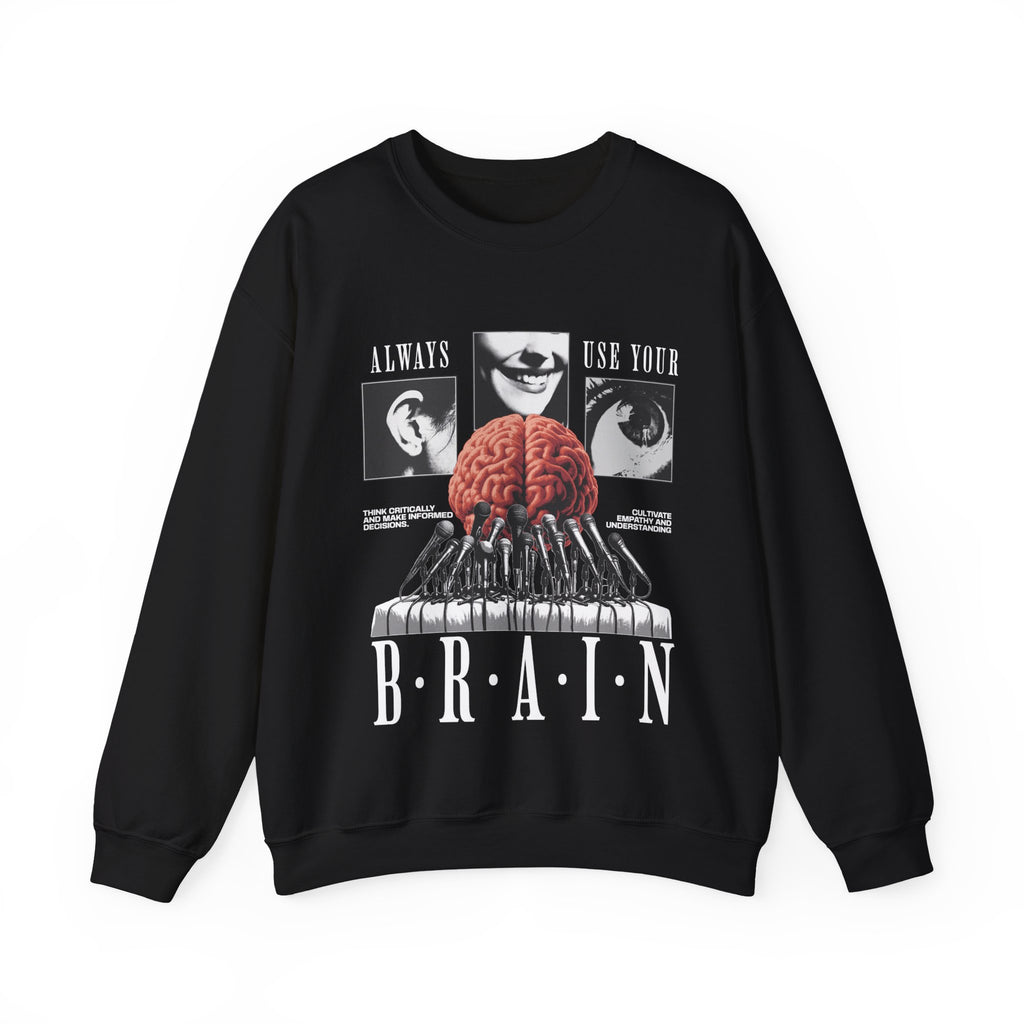 Brain Graphic Crewneck Sweatshirt — "Always Use Your Brain" Vintage Horror Vibe