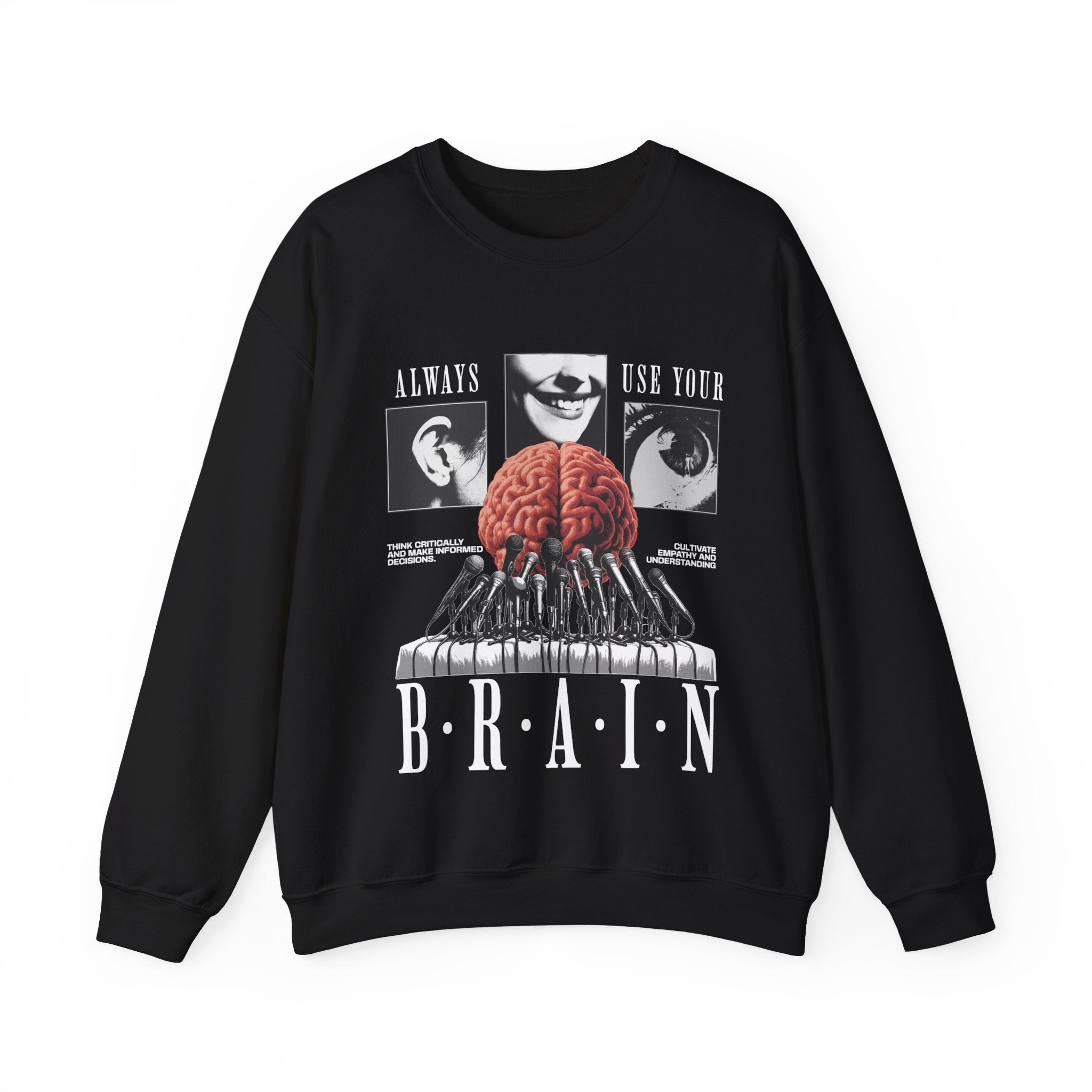 Brain Graphic Crewneck Sweatshirt — "Always Use Your Brain" Vintage Horror Vibe