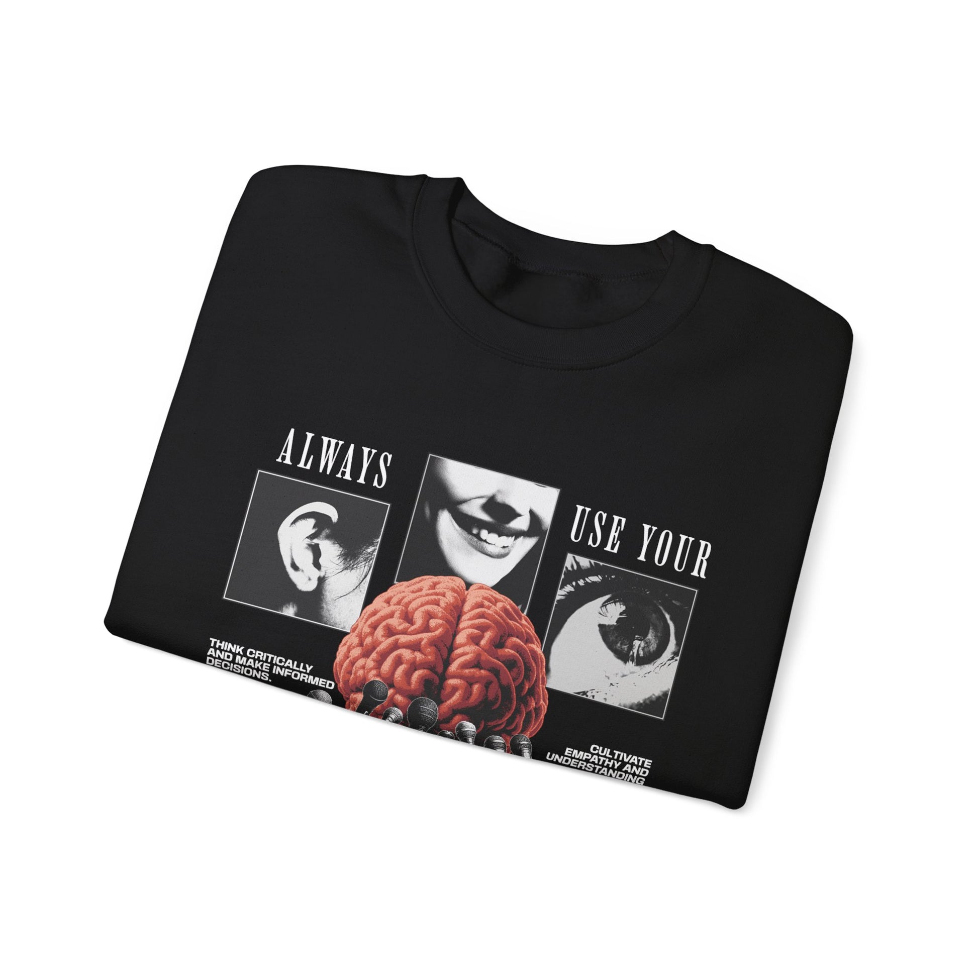 Brain Graphic Crewneck Sweatshirt — "Always Use Your Brain" Vintage Horror Vibe