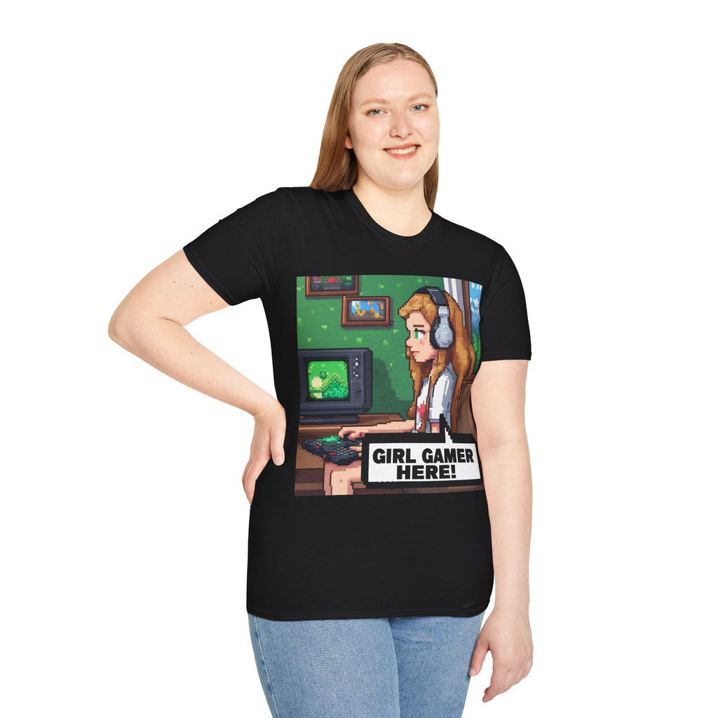 Girl Gamer Here Pixel Art T-Shirt — Retro Gaming Tee for Female Gamers