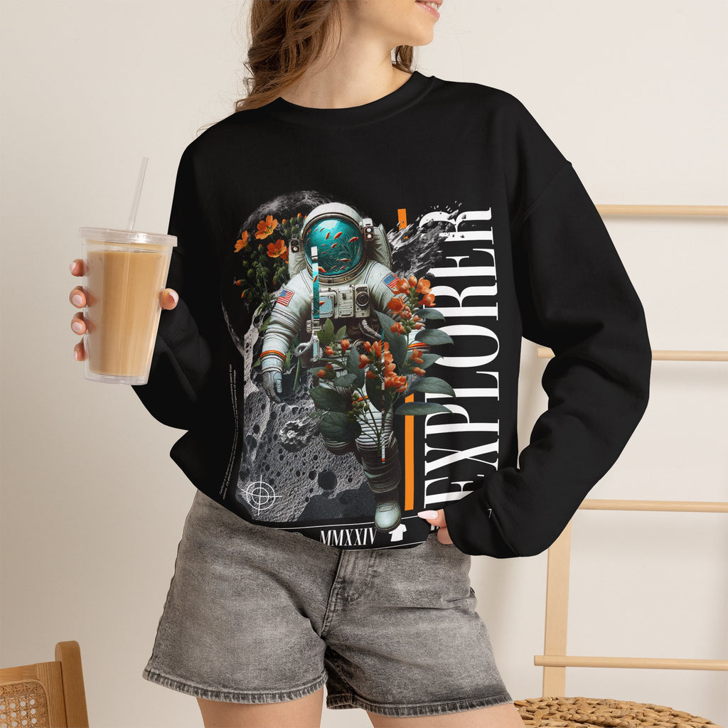 Astronaut Floral Crewneck Sweatshirt — Space Explorer Graphic Pullover