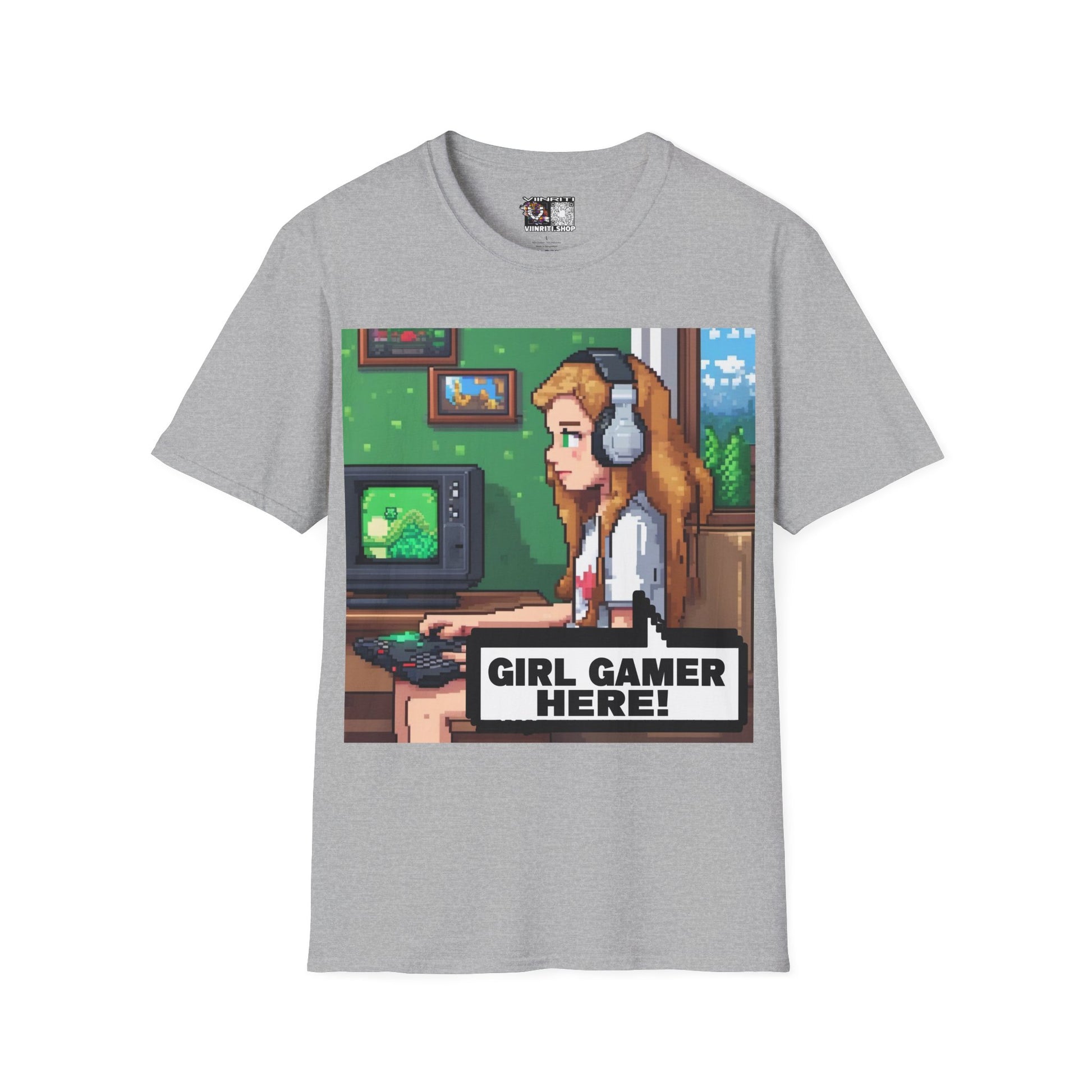 Girl Gamer Here Pixel Art T-Shirt — Retro Gaming Tee for Female Gamers