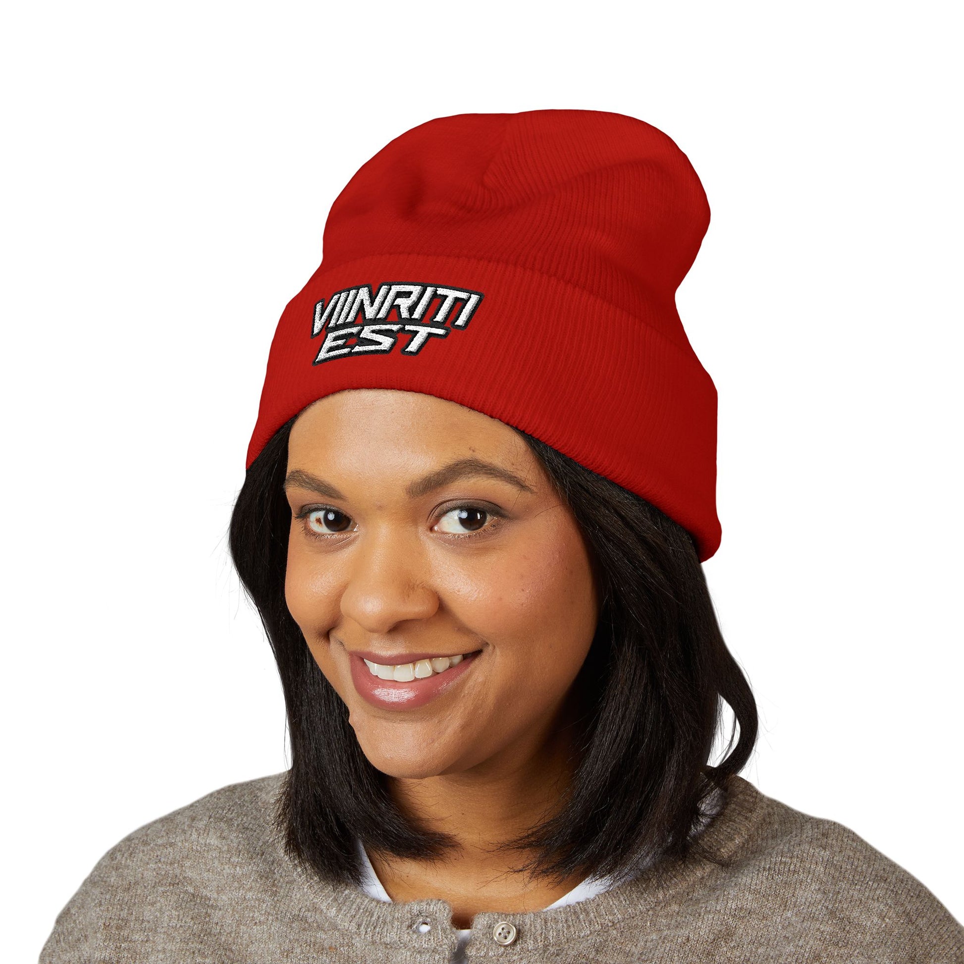 Embroidered 'Viinriti Est' Cuffed Beanie — Classic Knit Winter Hat