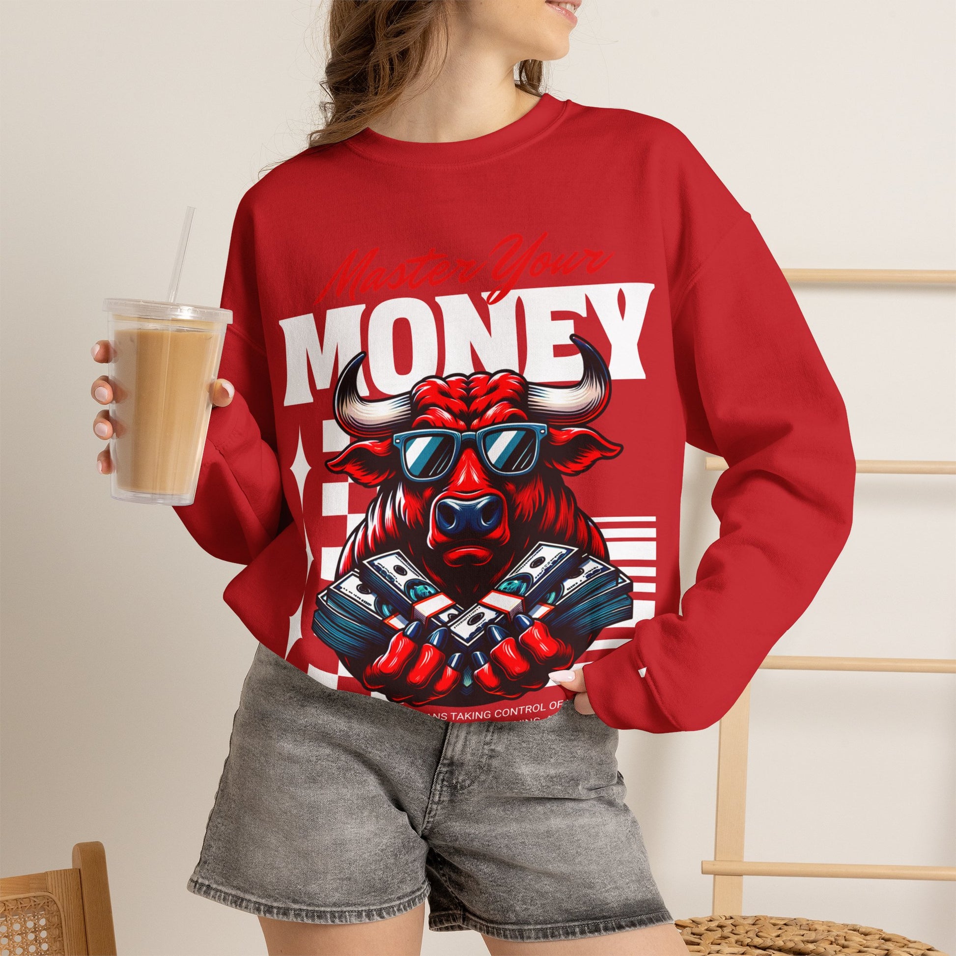 Crewneck Sweatshirt — "Master Your Money" Bull Design, Finance Hustle Graphic