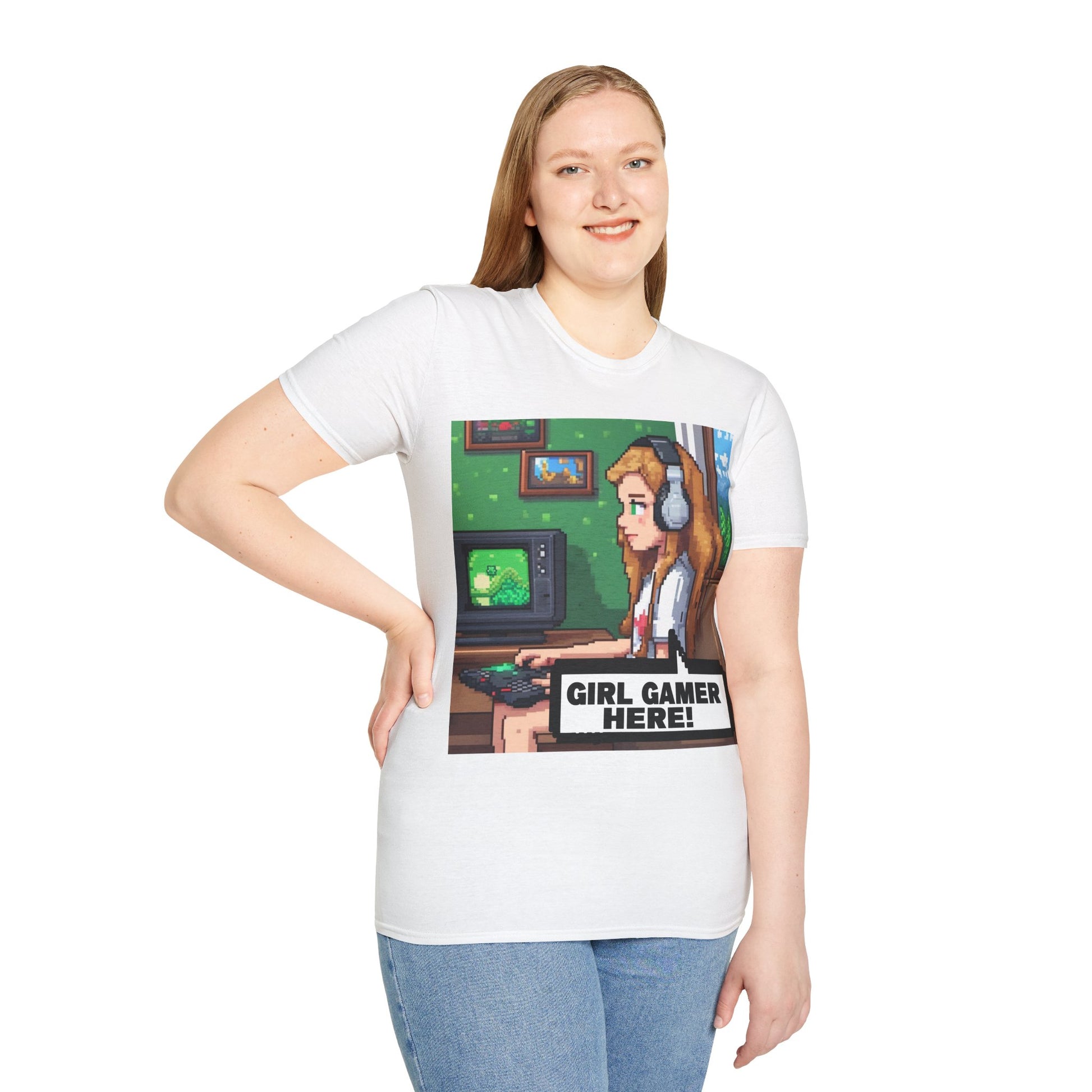 Girl Gamer Here Pixel Art T-Shirt — Retro Gaming Tee for Female Gamers