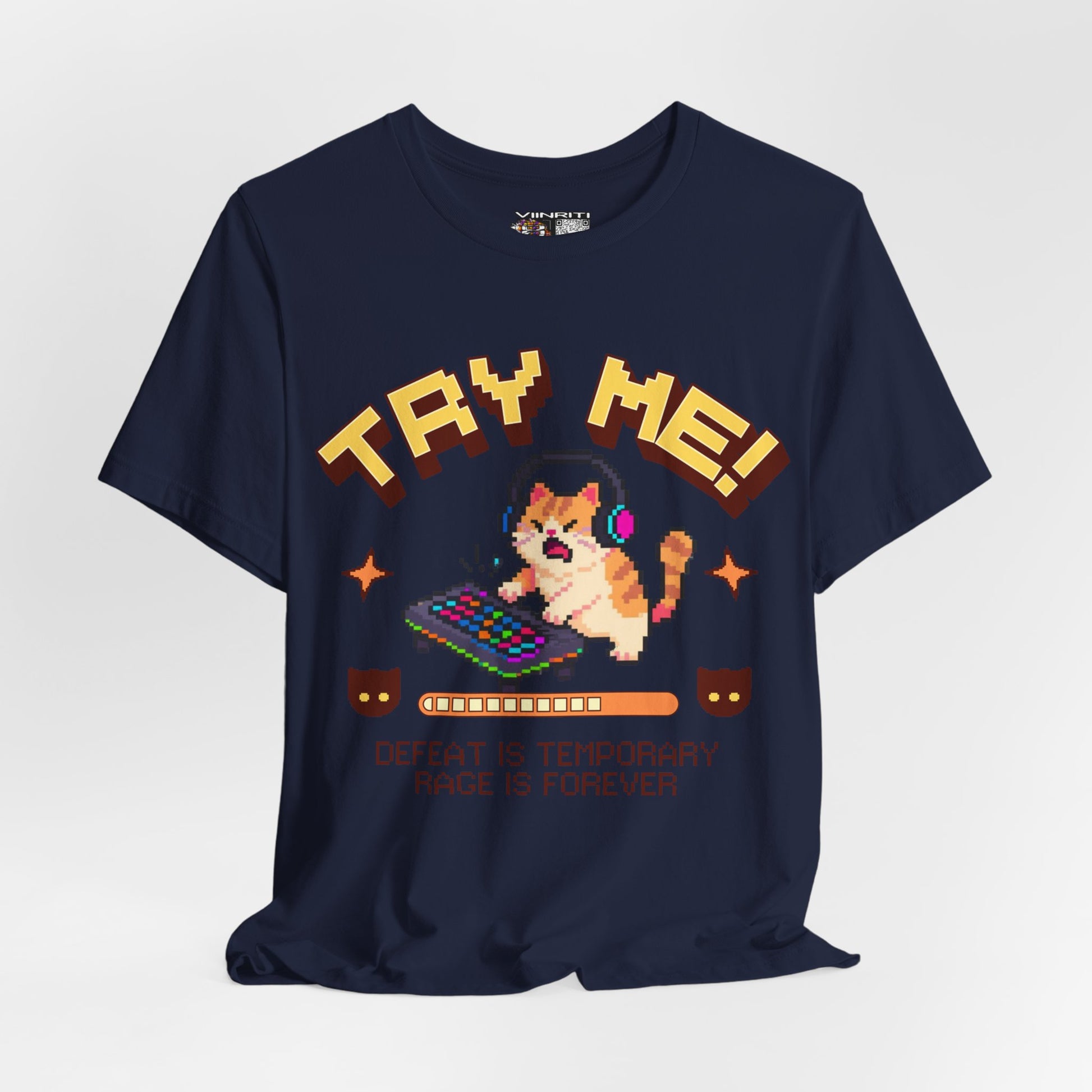 Try Me! Gamer Cat T‑Shirt — "Defeat Is Temporary, Rage Is Forever" Retro Pixel Tee