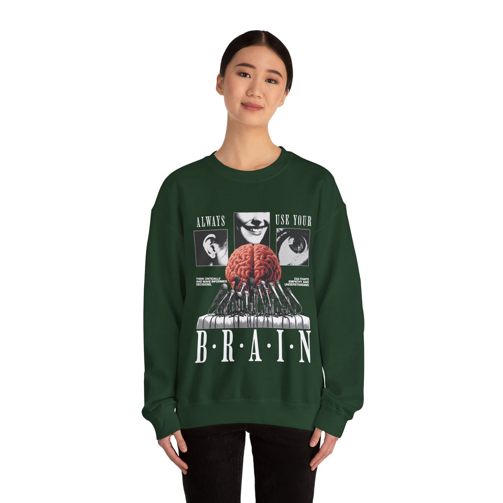 Brain Graphic Crewneck Sweatshirt — "Always Use Your Brain" Vintage Horror Vibe