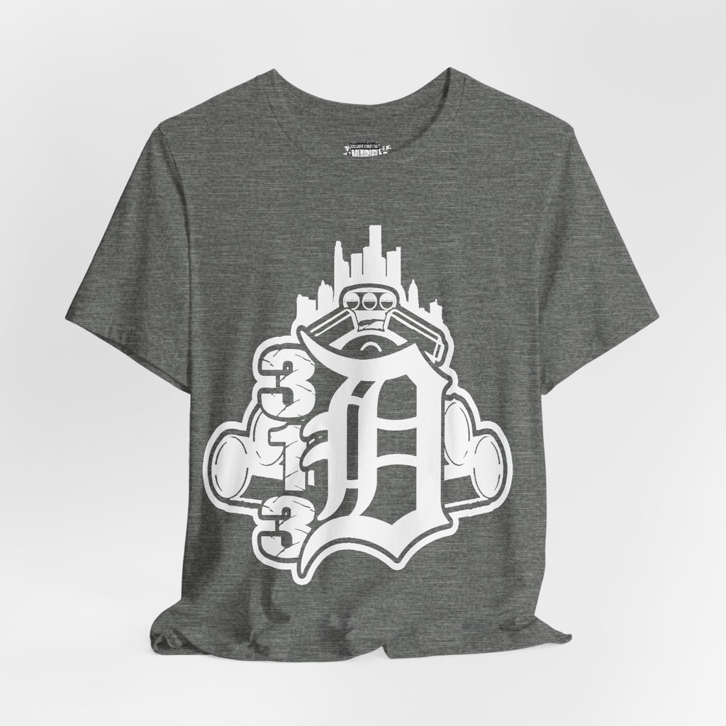 Detroit D Monochrome Tee — City Skyline & Motor Graphic T-Shirt