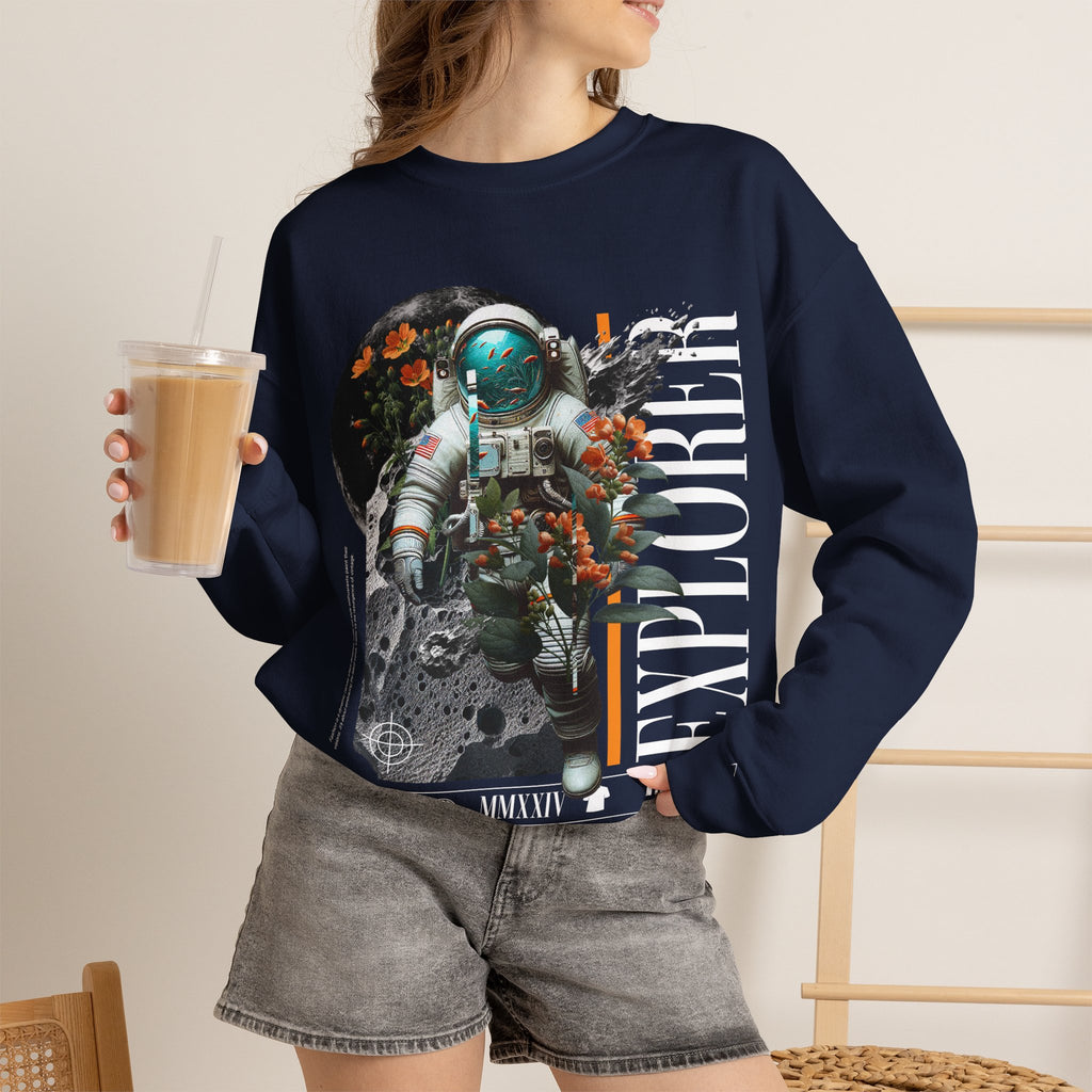 Astronaut Floral Crewneck Sweatshirt — Space Explorer Graphic Pullover