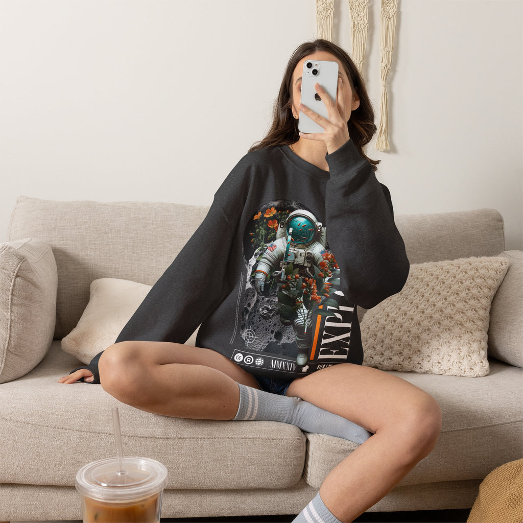 Astronaut Floral Crewneck Sweatshirt — Space Explorer Graphic Pullover