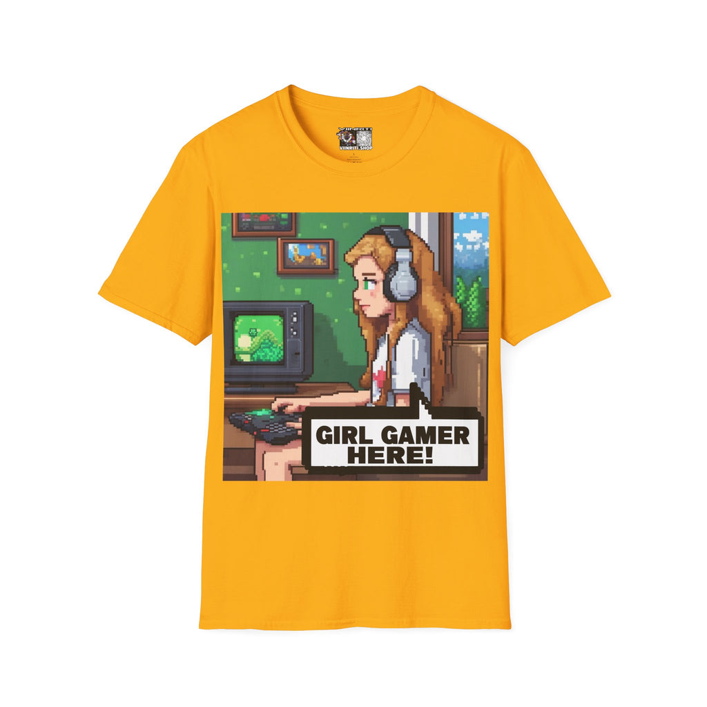 Girl Gamer Here Pixel Art T-Shirt — Retro Gaming Tee for Female Gamers