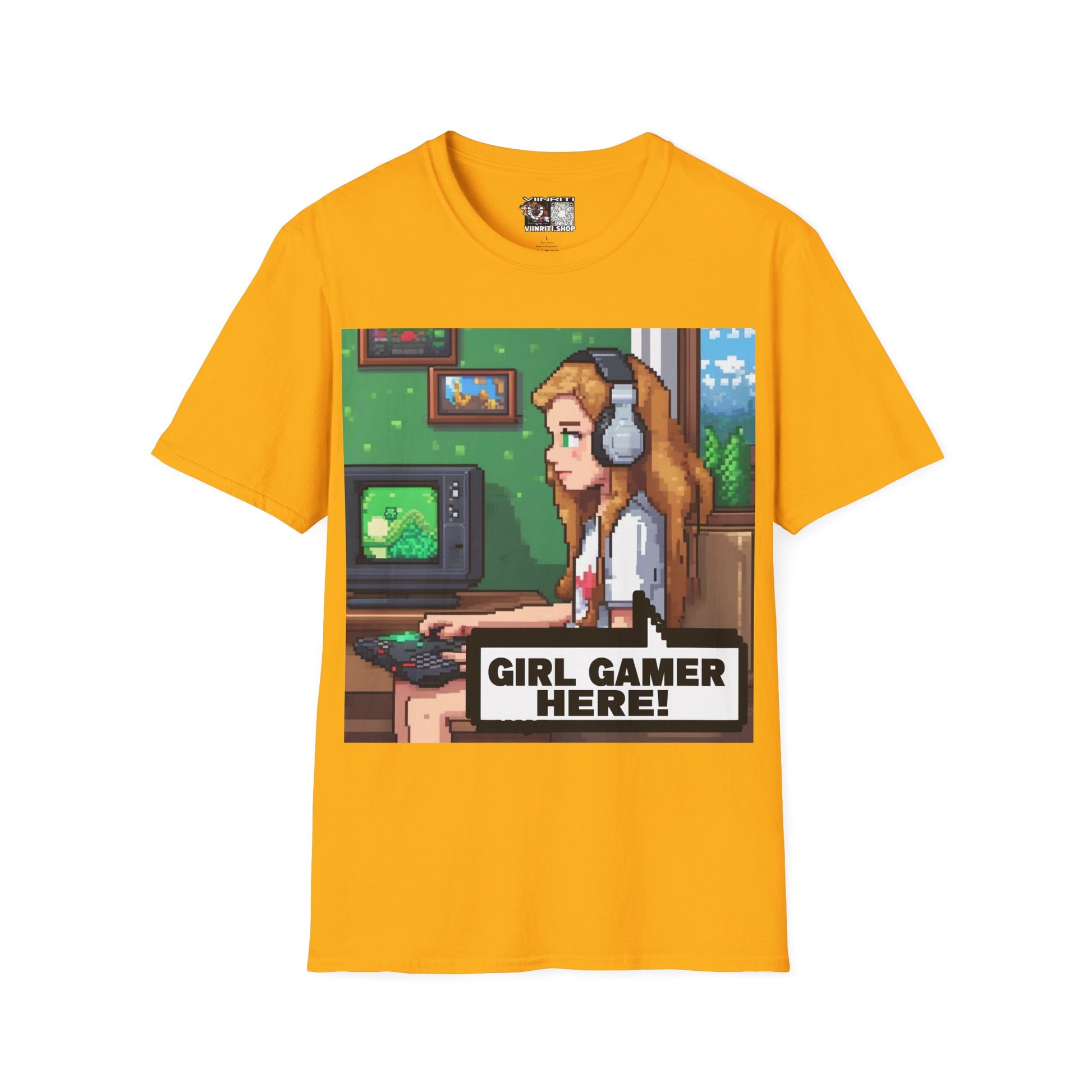 Girl Gamer Here Pixel Art T-Shirt — Retro Gaming Tee for Female Gamers
