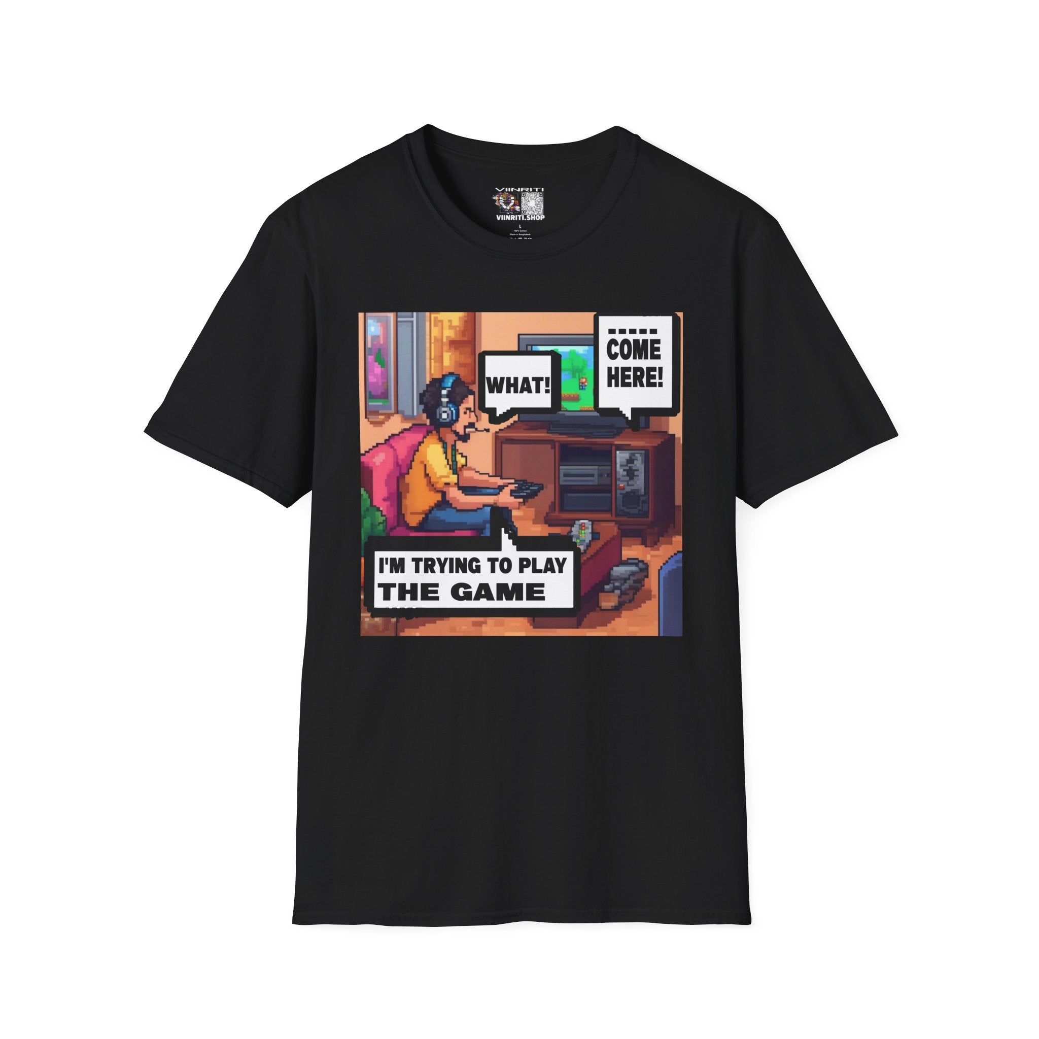 Gamer Comic T-Shirt — “I’m Trying to Play the Game” Pixel Art Tee