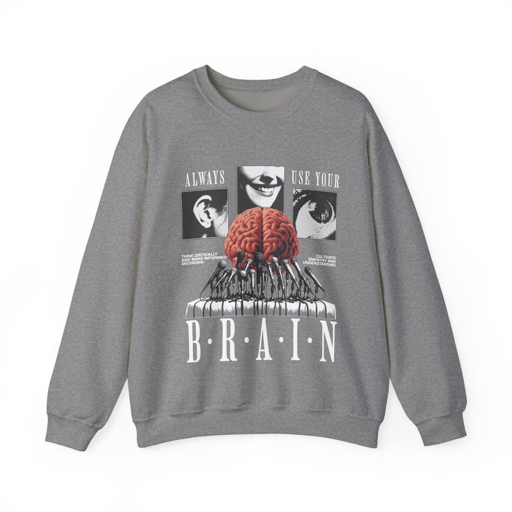 Brain Graphic Crewneck Sweatshirt — "Always Use Your Brain" Vintage Horror Vibe