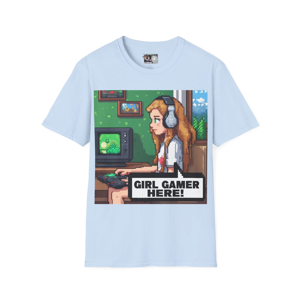 Girl Gamer Here Pixel Art T-Shirt — Retro Gaming Tee for Female Gamers