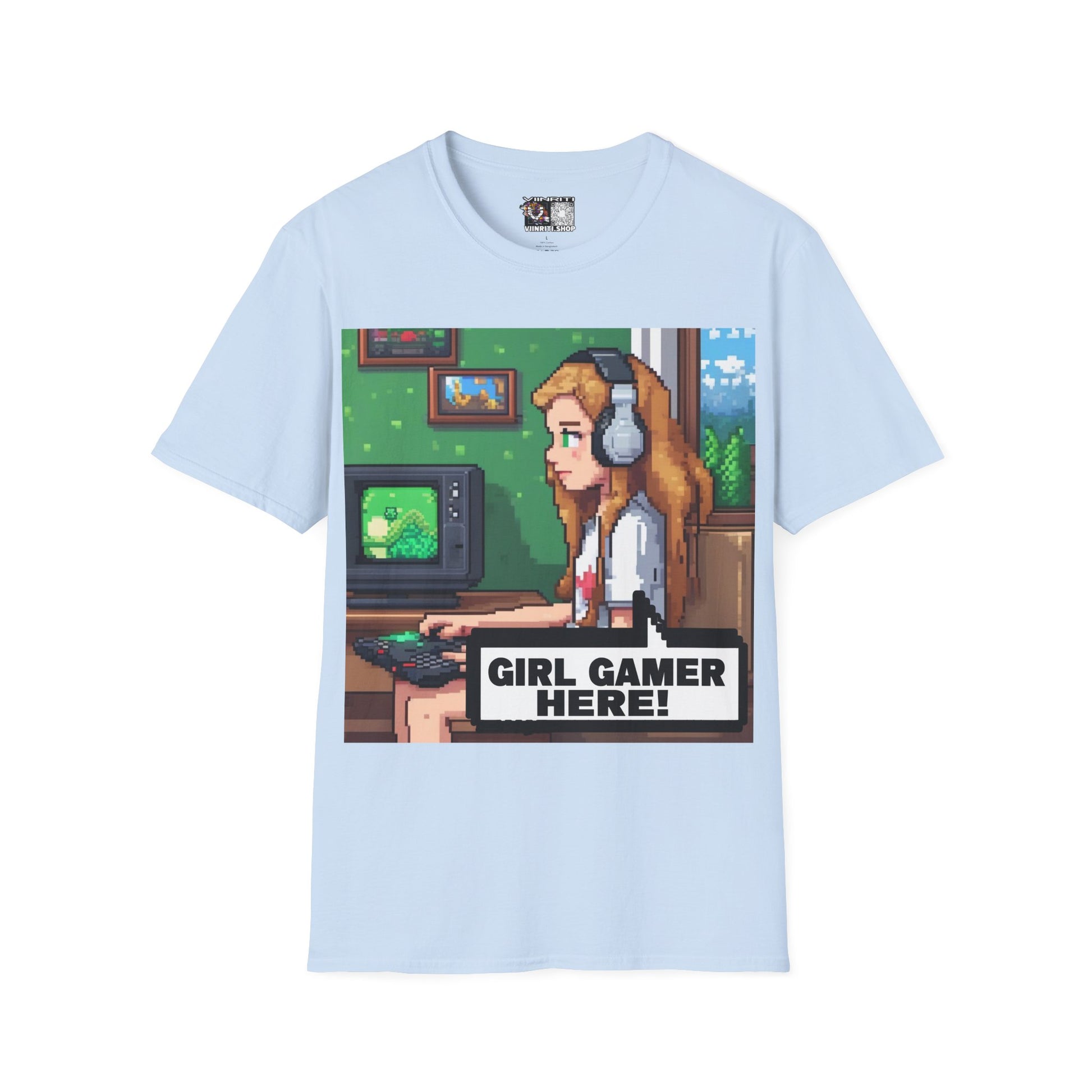 Girl Gamer Here Pixel Art T-Shirt — Retro Gaming Tee for Female Gamers