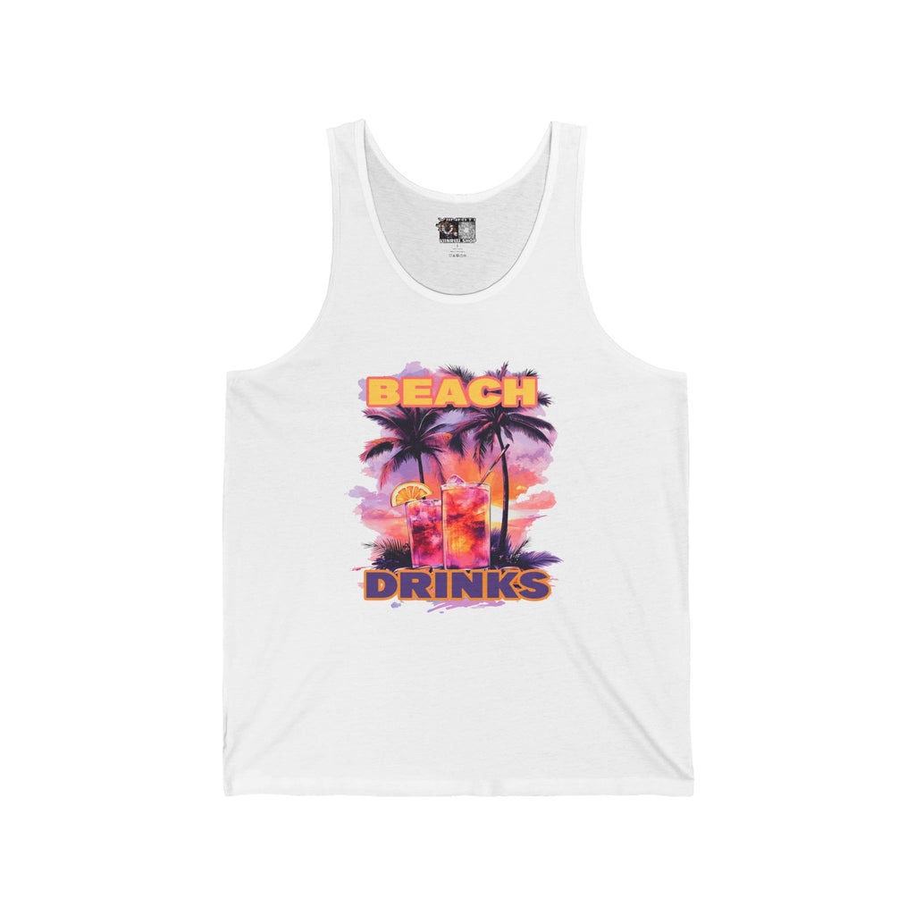 Beach Drinks Tropical Sunset Tank Top, Beach Vibes Shirt, Vacation Apparel, Summer Fashion, Unisex Jersey Tee