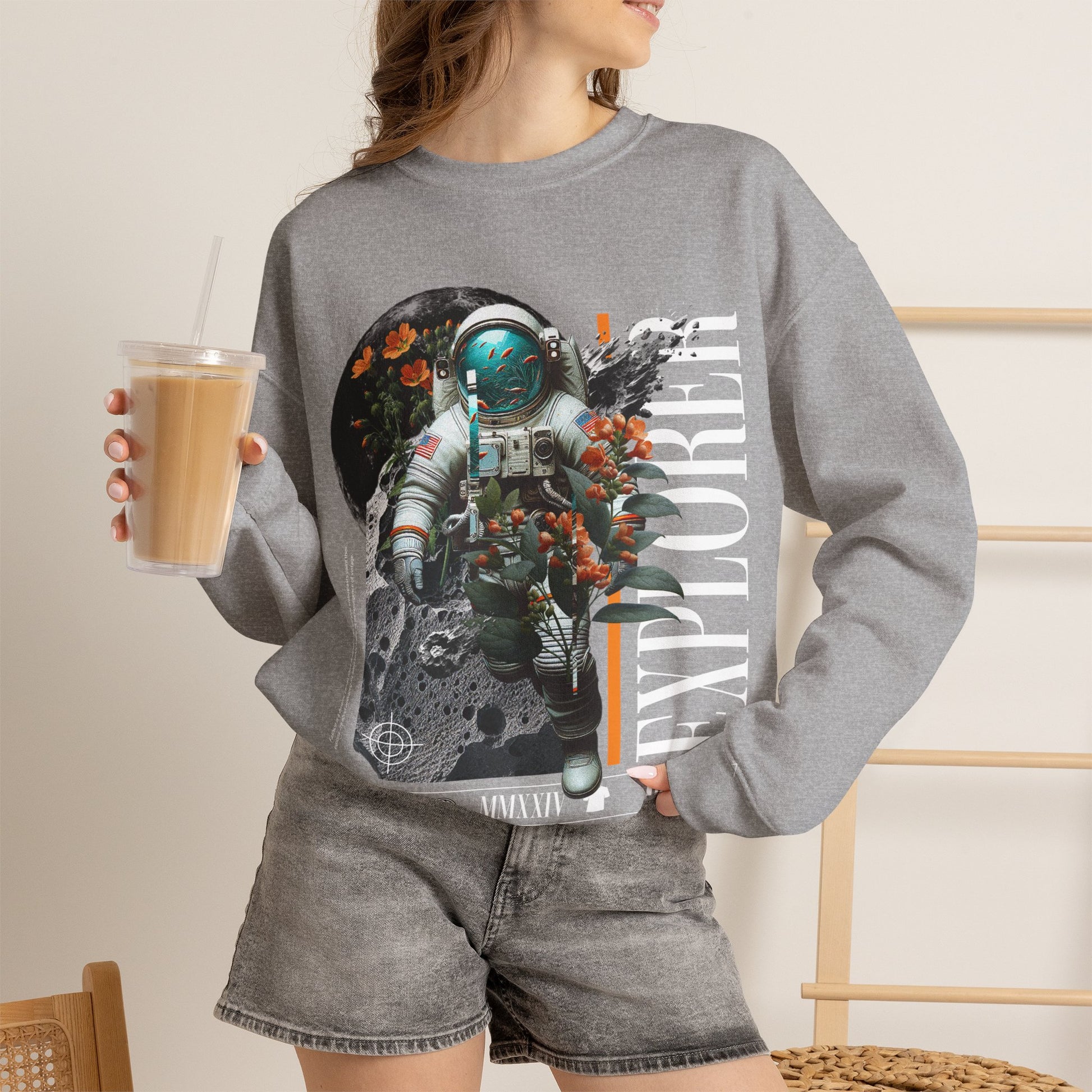 Astronaut Floral Crewneck Sweatshirt — Space Explorer Graphic Pullover