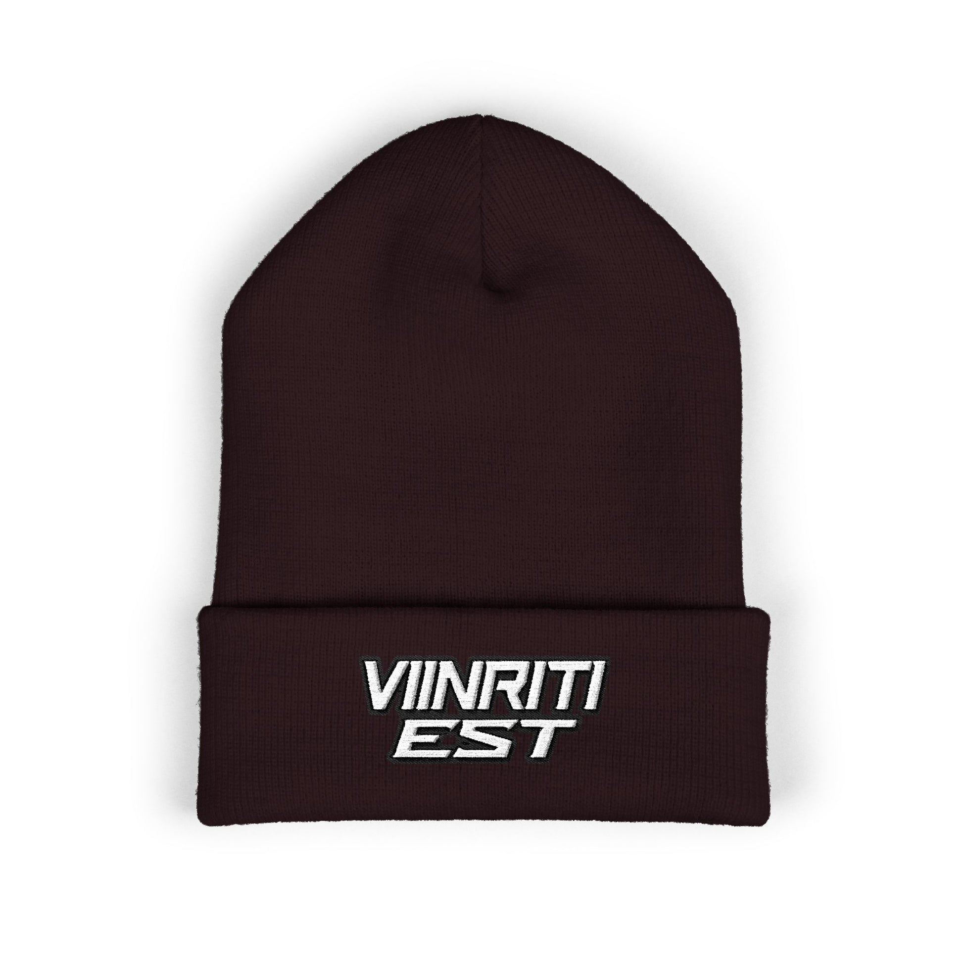 Embroidered 'Viinriti Est' Cuffed Beanie — Classic Knit Winter Hat