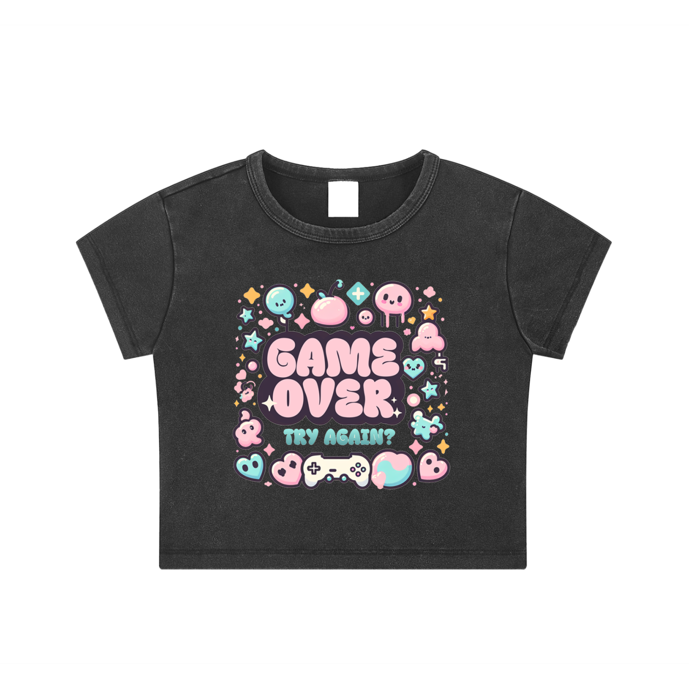 "Game Over Try Again Snow Washed Crop Top