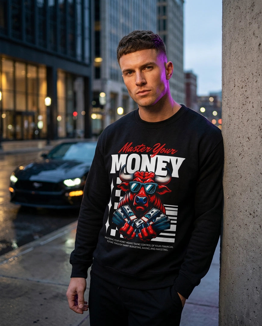 Crewneck Sweatshirt — "Master Your Money" Bull Design, Finance Hustle Graphic