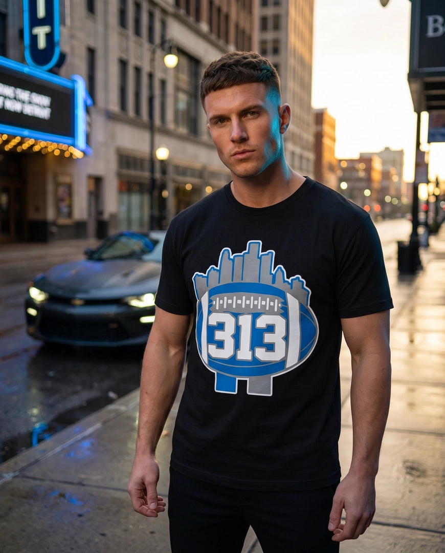 Detroit 313 Football T-Shirt — City Skyline & Number 313 Logo